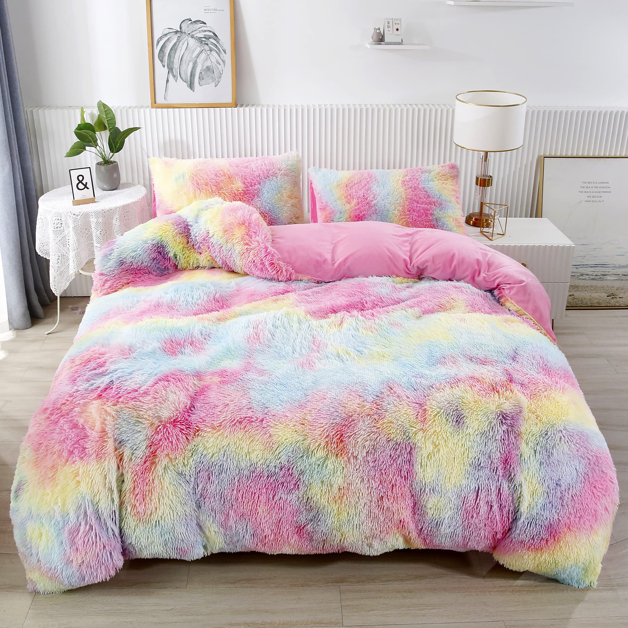 Rynghipy 3Pcs Rainbow Girls Bedding Sets Queen Size Ultra Soft Long Hair Plush Shaggy Duvet Cover With Pillowcases Colorful Tie