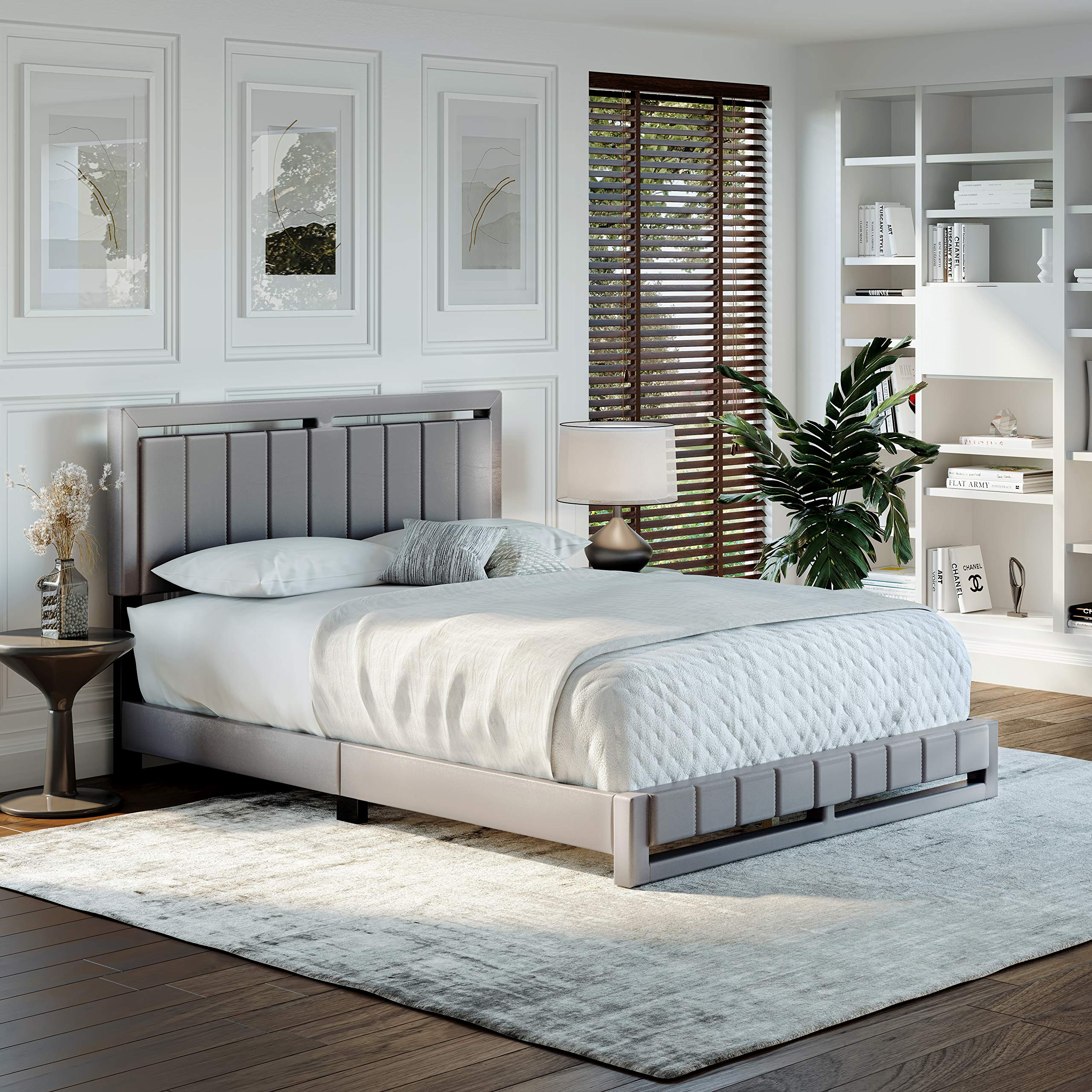Boyd Sleep Beaumont Upholstered Platform Bed with Headboard, Mattress Foundation with Strong 14 Wood Slat Supports, No Box Spring Required, Gray Faux Leather, Size Queen