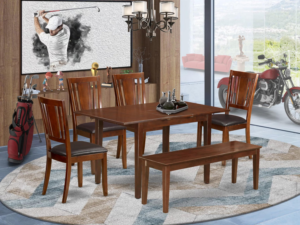 East West Furniture Norfolk 6 Piece Set Contains a Rectangle Dining Room Table with Butterfly Leaf and 4 Faux Leather Upholstered Chairs with a Bench, 32x54 Inch, Mahogany