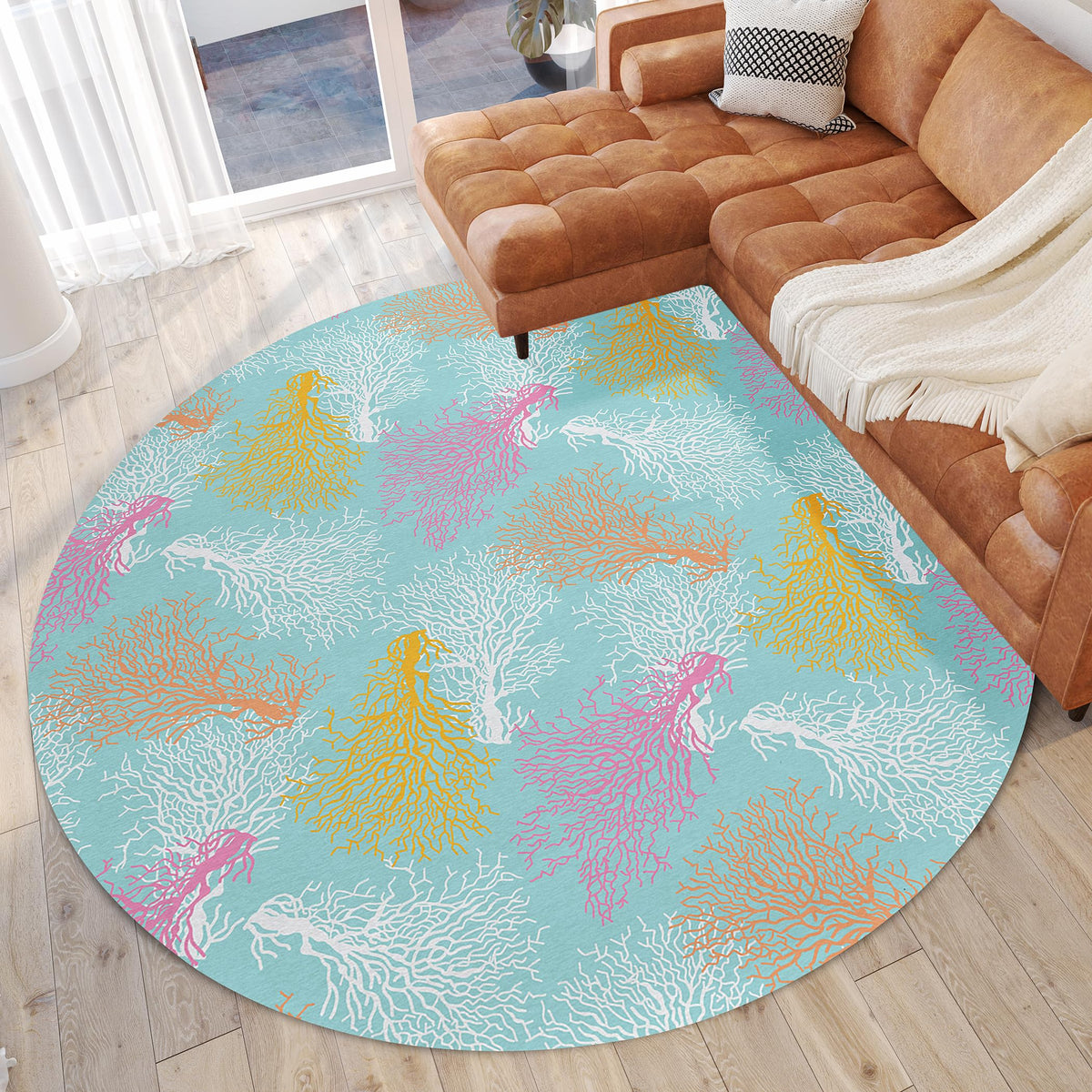 Addison Rugs Surfside Asr33 Aqua 8' X 8' Indoor Outdoor Round Rug, Easy Clean, Machine Washable, Non Shedding, Bedroom, Living Room, Dining Room, Kitchen, Patio Rug