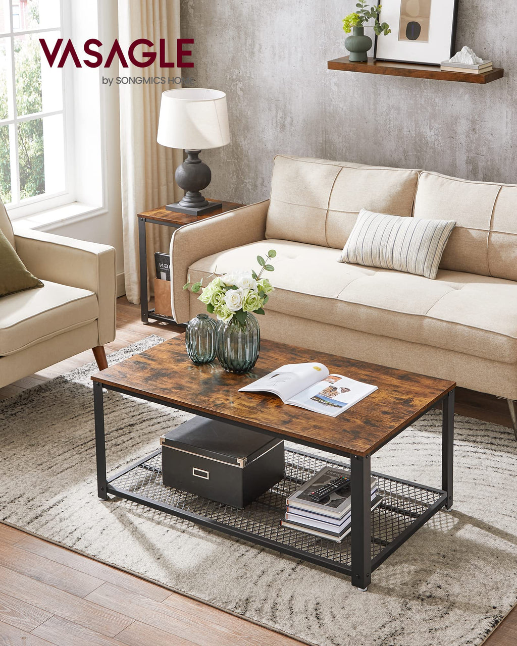 Vasagle Coffee Table For Living Room, 2-Tier Cocktail Table, Center Table With Mesh Shelf, Steel Frame, Adjustable Feet, Industrial Style, Rustic Brown And Black Ulct61X