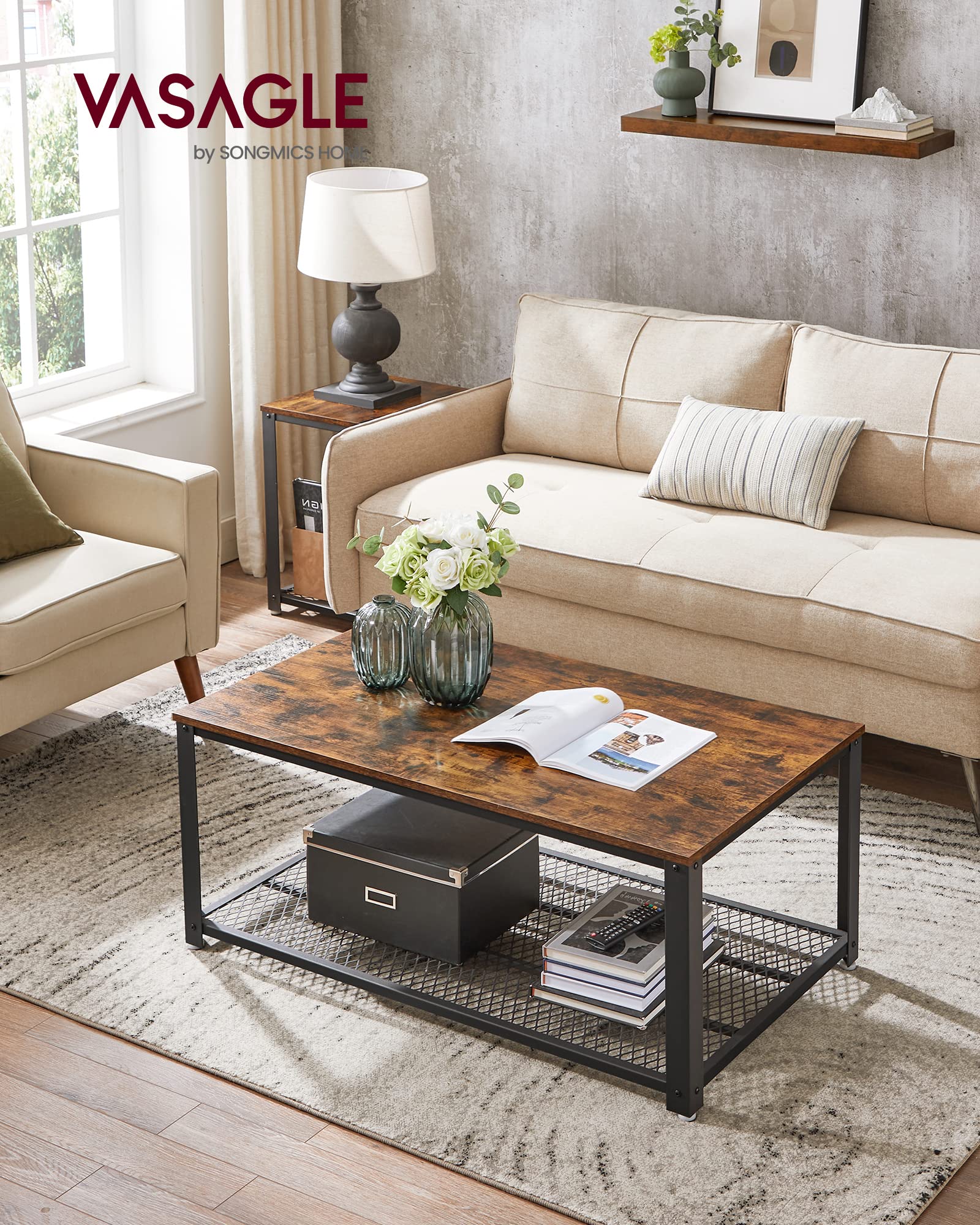 Vasagle Coffee Table For Living Room, 2-Tier Cocktail Table, Center Table With Mesh Shelf, Steel Frame, Adjustable Feet, Industrial Style, Rustic Brown And Black Ulct61X