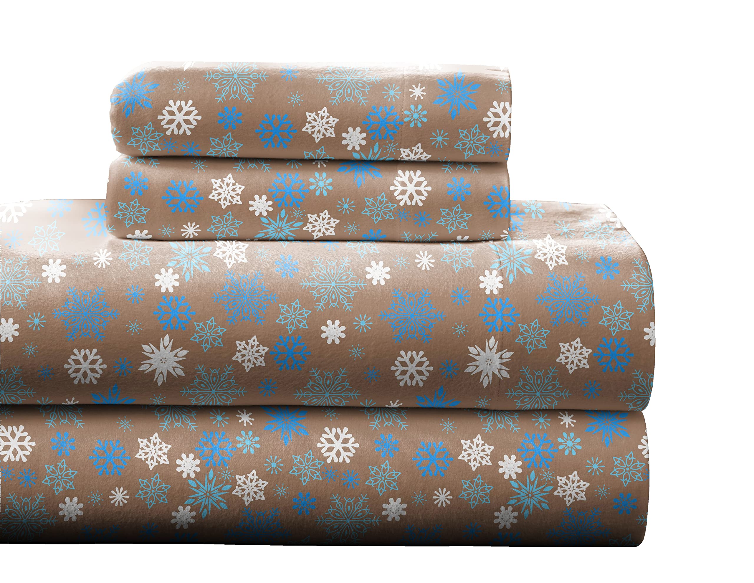 Pointehaven Heavy Weight Flannel Cotton Sheet Set, Twin Xl, Snow Flakes/Tan