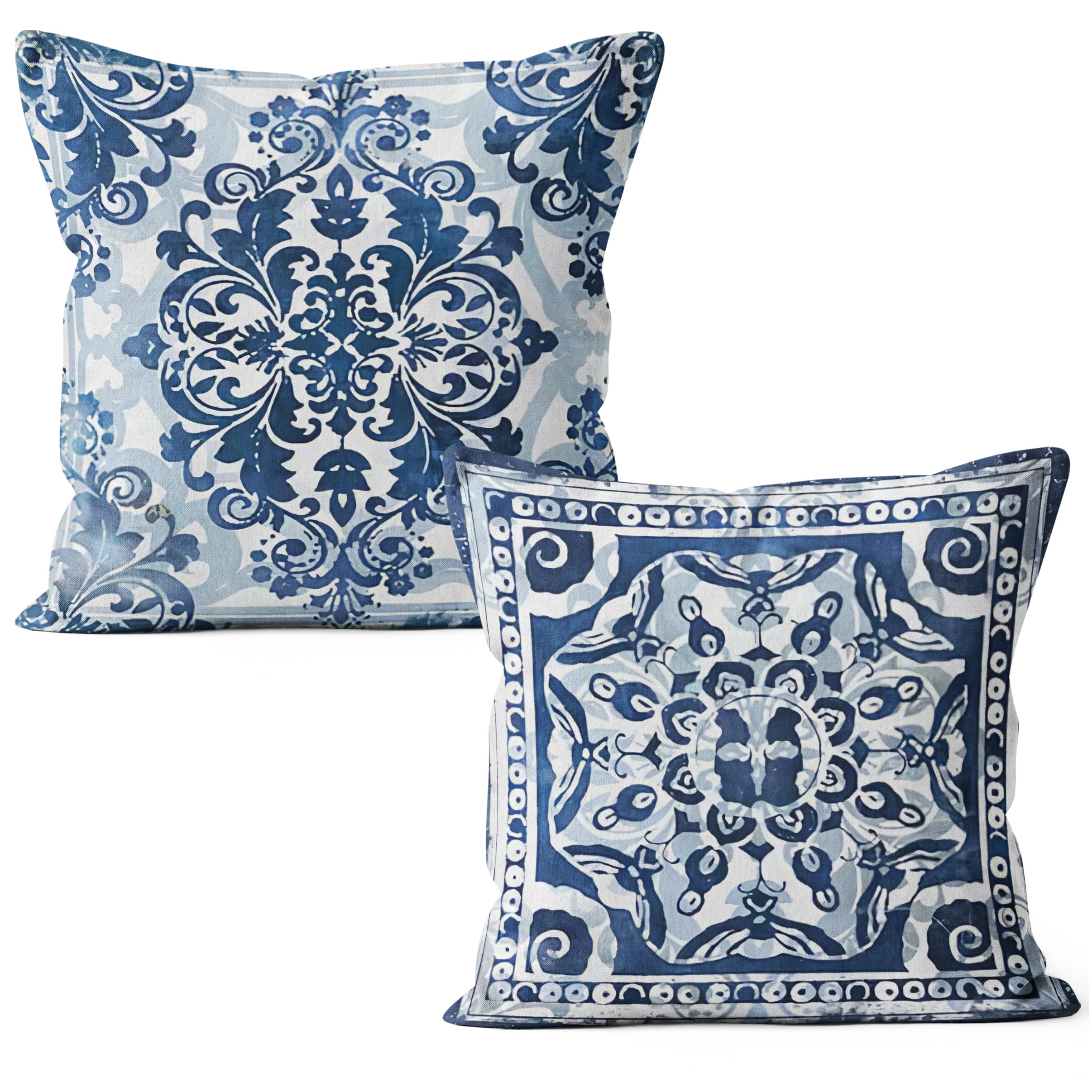 M-Qizi Blue Throw Pillow Covers - Linen Blue Pillow Covers 18x18 Set of 2, Decorative Blue and White Pillow Covers, Chinoiserie 