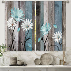 Laifzere Teal Farmhouse Daisy Kitchen Curtains Wooden Flower Small Short Cafe Window Curtains Rustic Floral Butterfly Country Ba