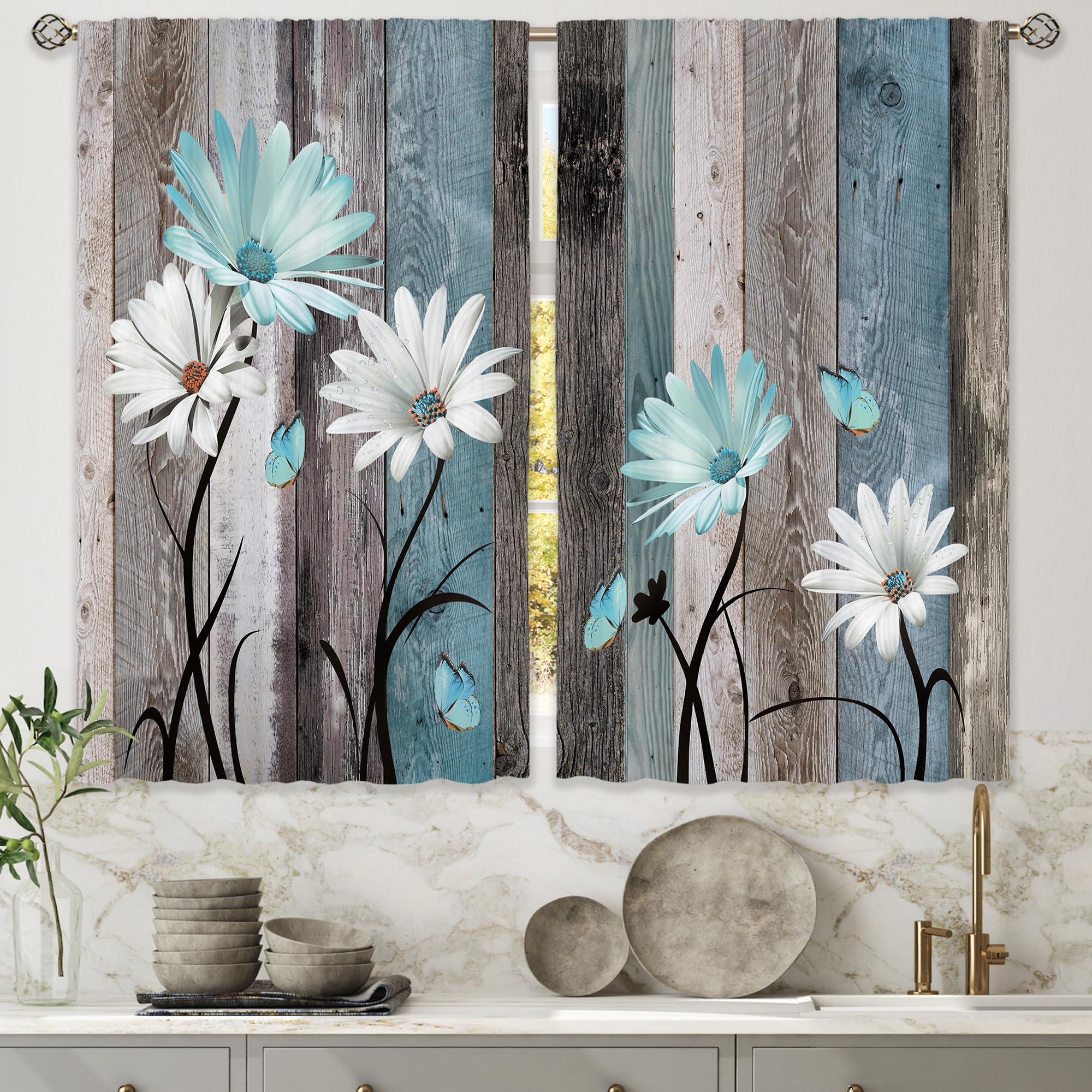 Laifzere Teal Farmhouse Daisy Kitchen Curtains Wooden Flower Small Short Cafe Window Curtains Rustic Floral Butterfly Country Ba