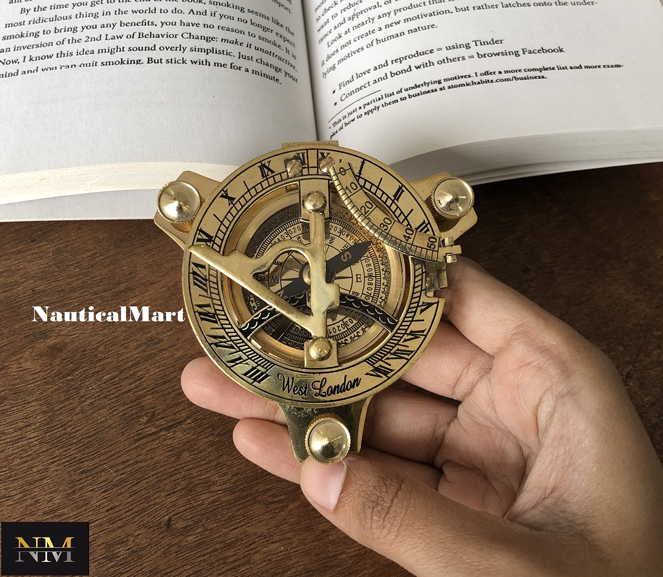 RedSkyTrader Ectoria Sundial Compass - 3 Brass with Wood Box, Gold