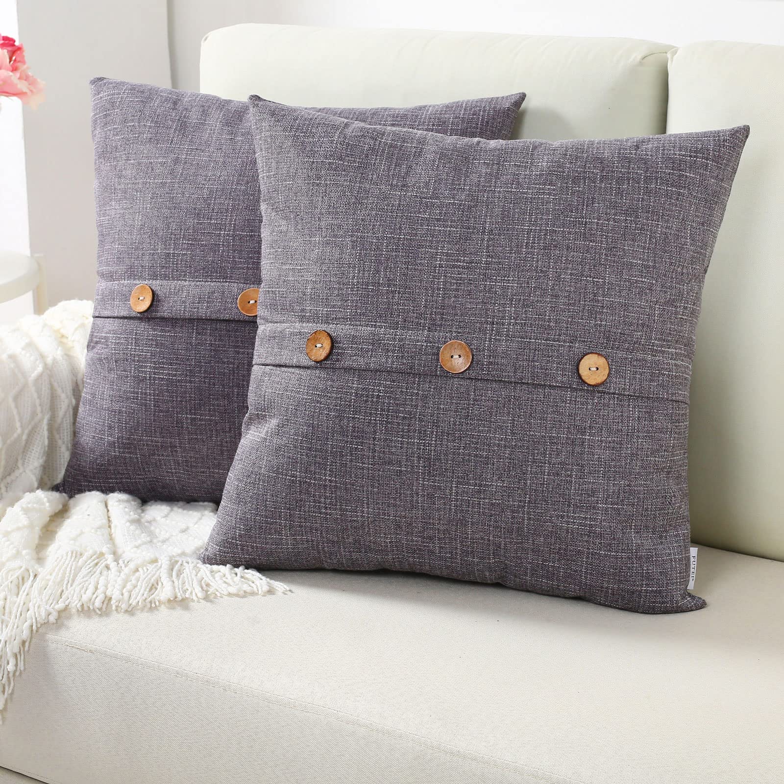 Futei Dark Grey Linen Decorative Throw Pillow Covers 22X22 Inch Set Of 2, Square Cushion Case With Vintage Button/Zipper,Modern
