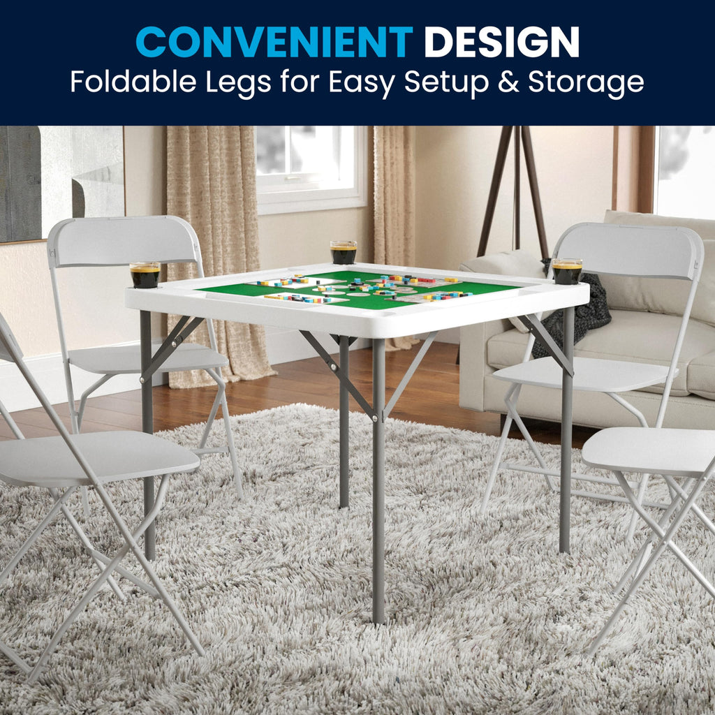 Flash Furniture Silas 34.5" Square Folding Card Table with Felt Green Surface and Cup Holders, Portable Folding Game Table for 4 Players, White/Green
