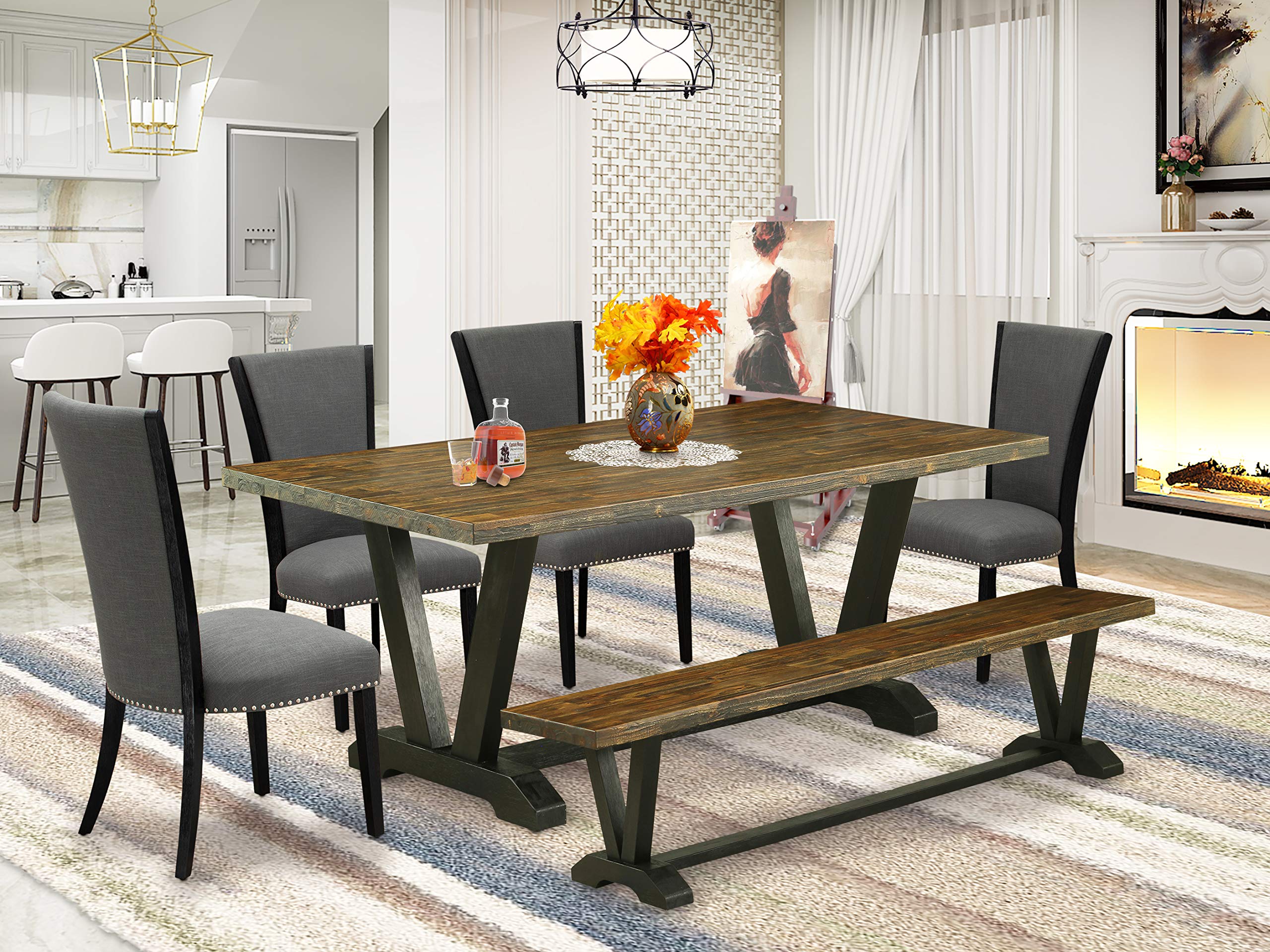East West Furniture V677VE650-6 6 Piece Dining Set Contains a Rectangle Kitchen Table with V-Legs and 4 Dark Gotham Linen Fabric Parson Chairs with a Bench, 40x72 Inch