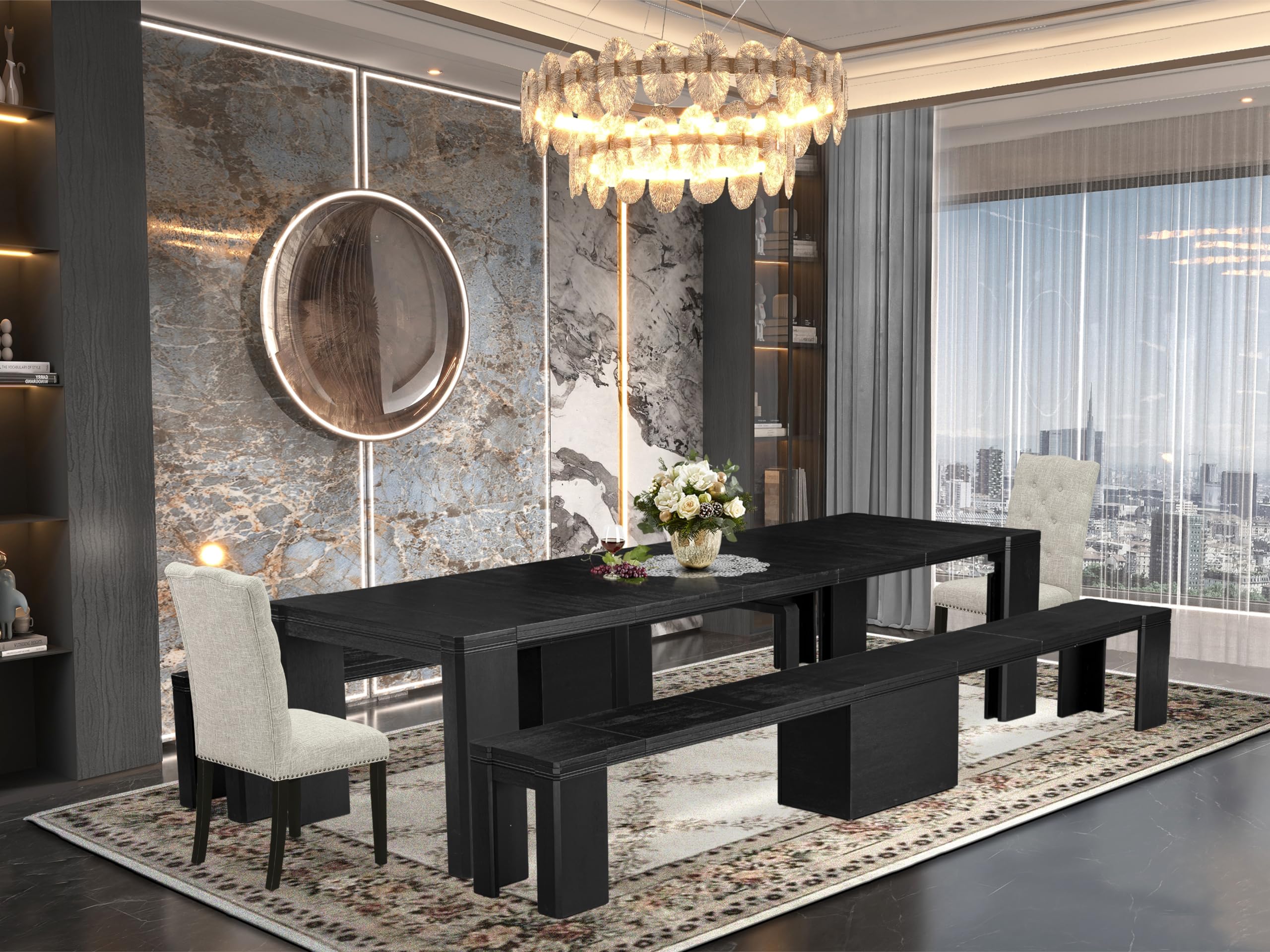 Luxe by East West Furniture - X02EL-206-35 - 5-piece Dining Table Set a Rectangular Kitchen Table and 2 wooden Benches and 2 Doeskin Linen Fabric Dining Chair, 39x120 Inch, Wire Brushed Black