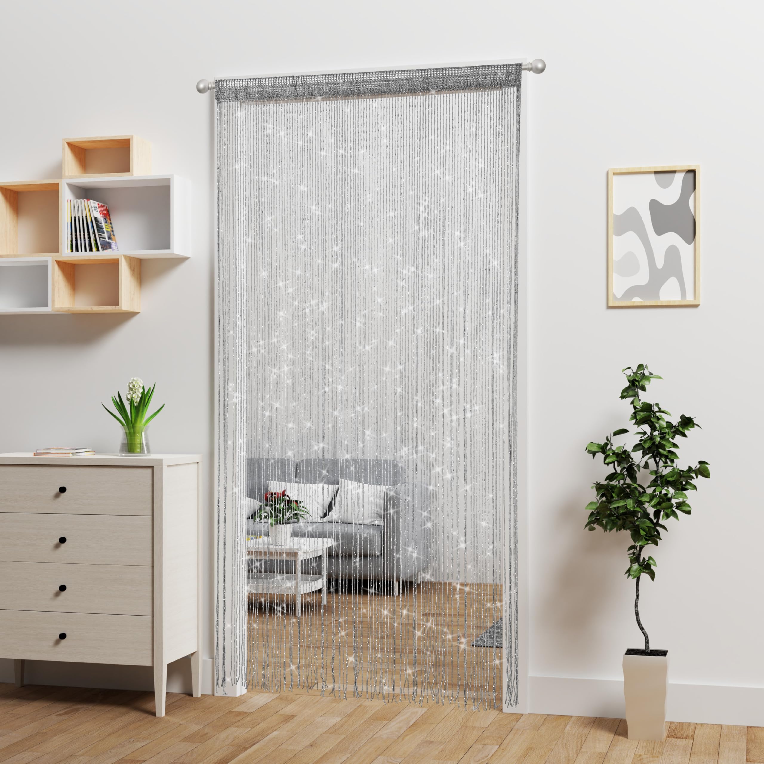2 Pcs Door String Curtain Doorway Beads Curtains,Hanging Room Divider Beaded Decor Hippie Glitter Fringe Panel Closet Window Wal