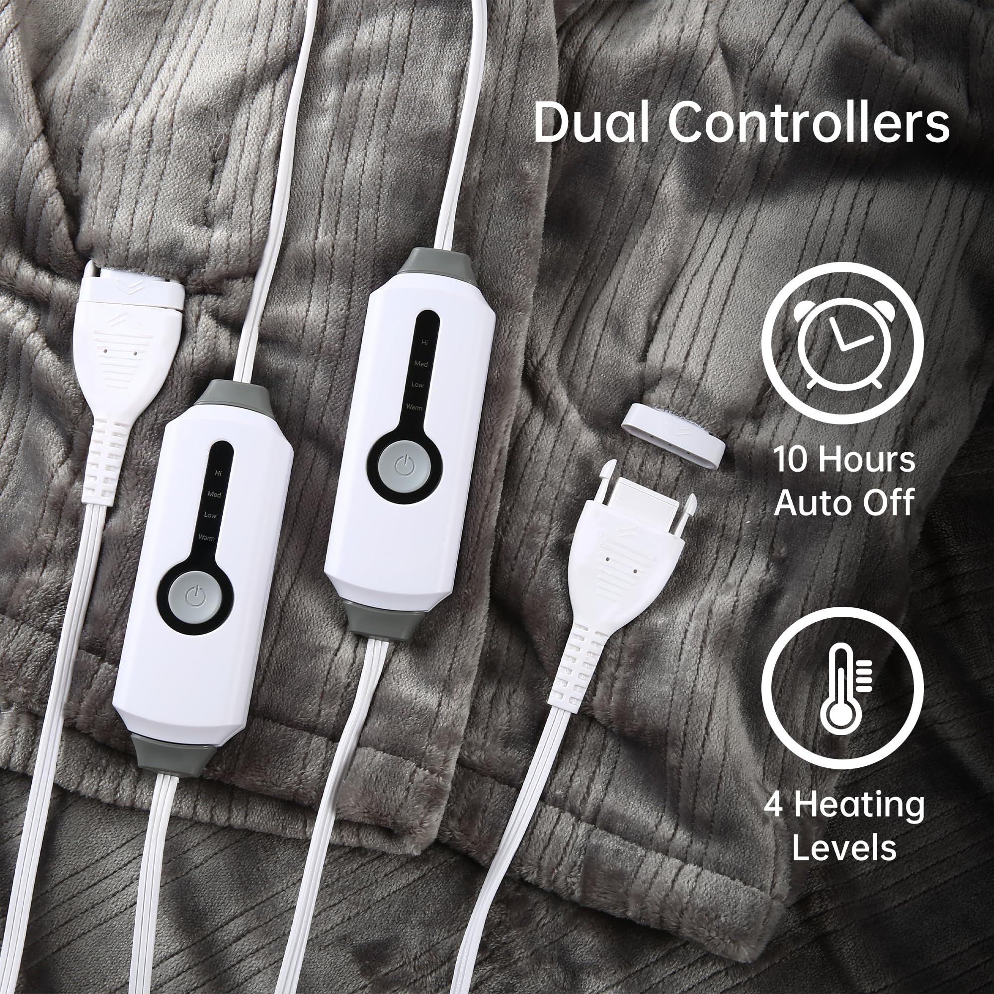 Mcjaw Electric Heated Blanket 84'' X 90'' Queen Size Flannel Fabric, Keep Your Warm All Night, Dual Controllers, 4 Heating Level