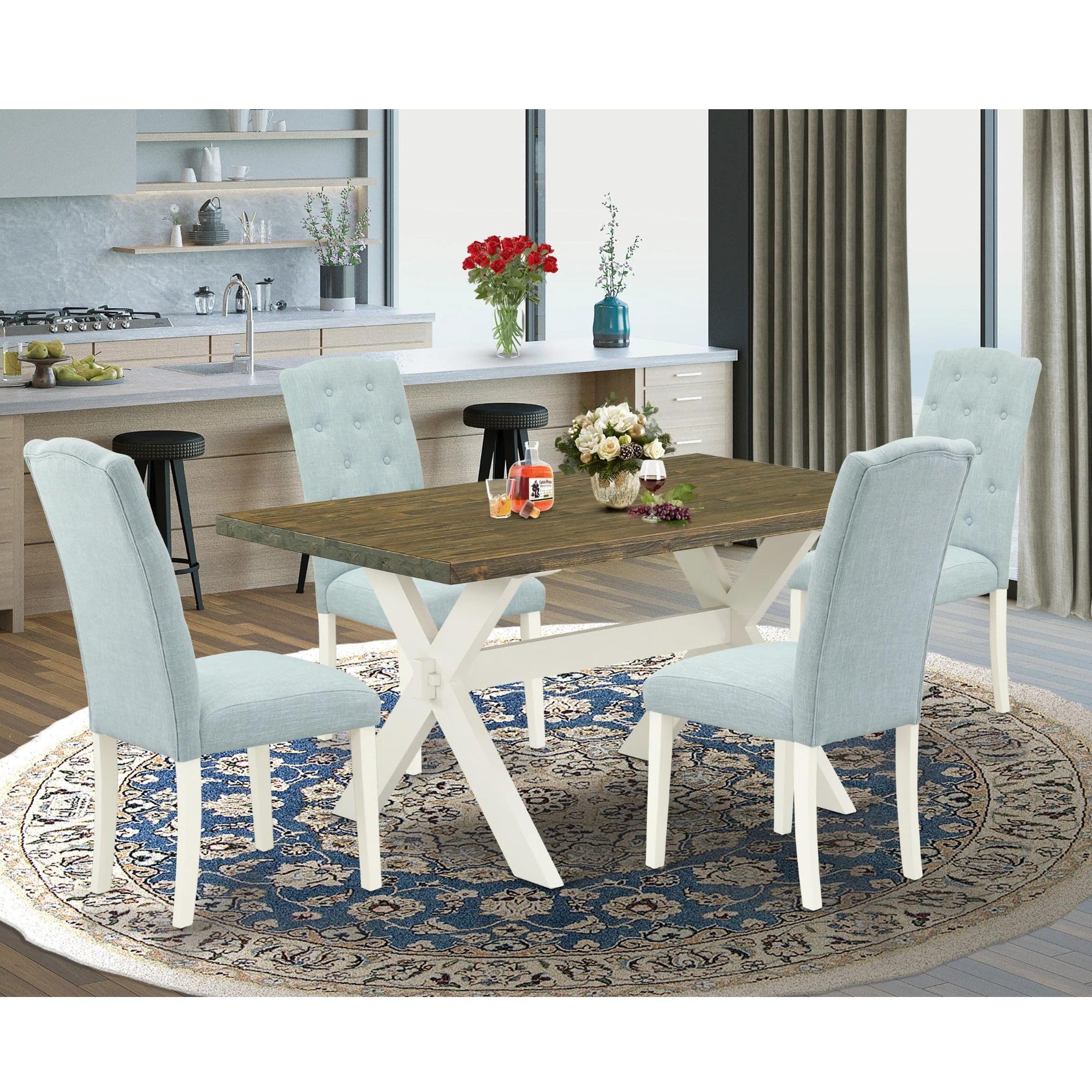 East West Furniture X076Ce215-5 5 Piece Dining Room Table Set Includes A Rectangle Dining Table With X-Legs And 4 Baby Blue Linen Fabric Upholstered Chairs, 36X60 Inch, Multi-Color