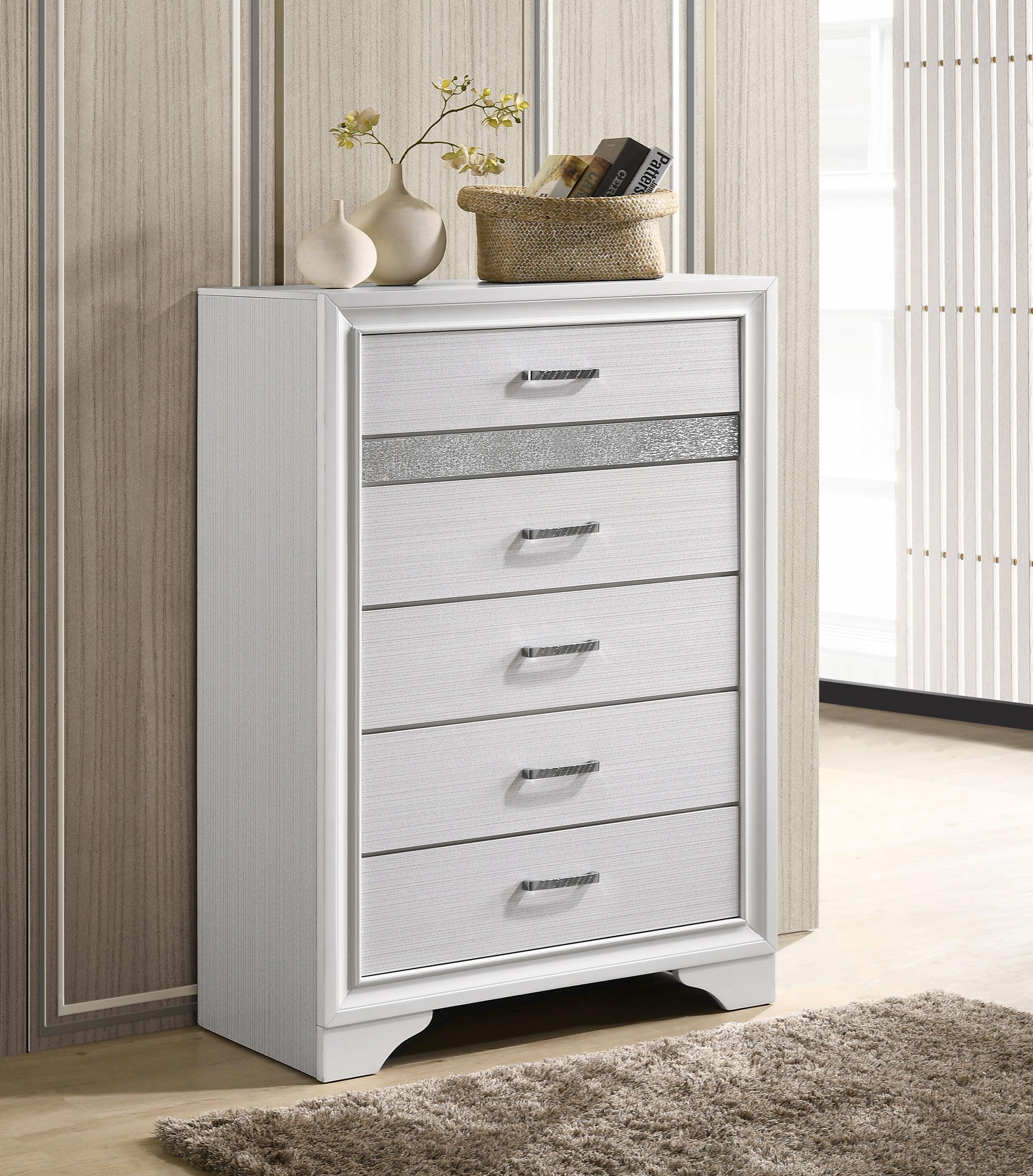 Coaster Home Furnishings Miranda Contemporary Wood 5-Drawer Bedroom Chest of Drawers Chiffonier Clothing Storage Cabinet Bedroom Armoire Tall Dresser Organizer Unit White 205115