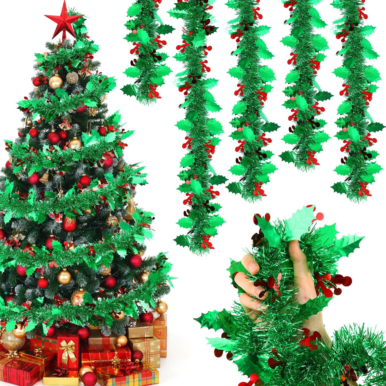 40 Feet Christmas Tinsel Garland Christmas Tree Ornament Metallic Twist Garland Xmas Hanging Wreath for Indoor Outdoor Decoratio