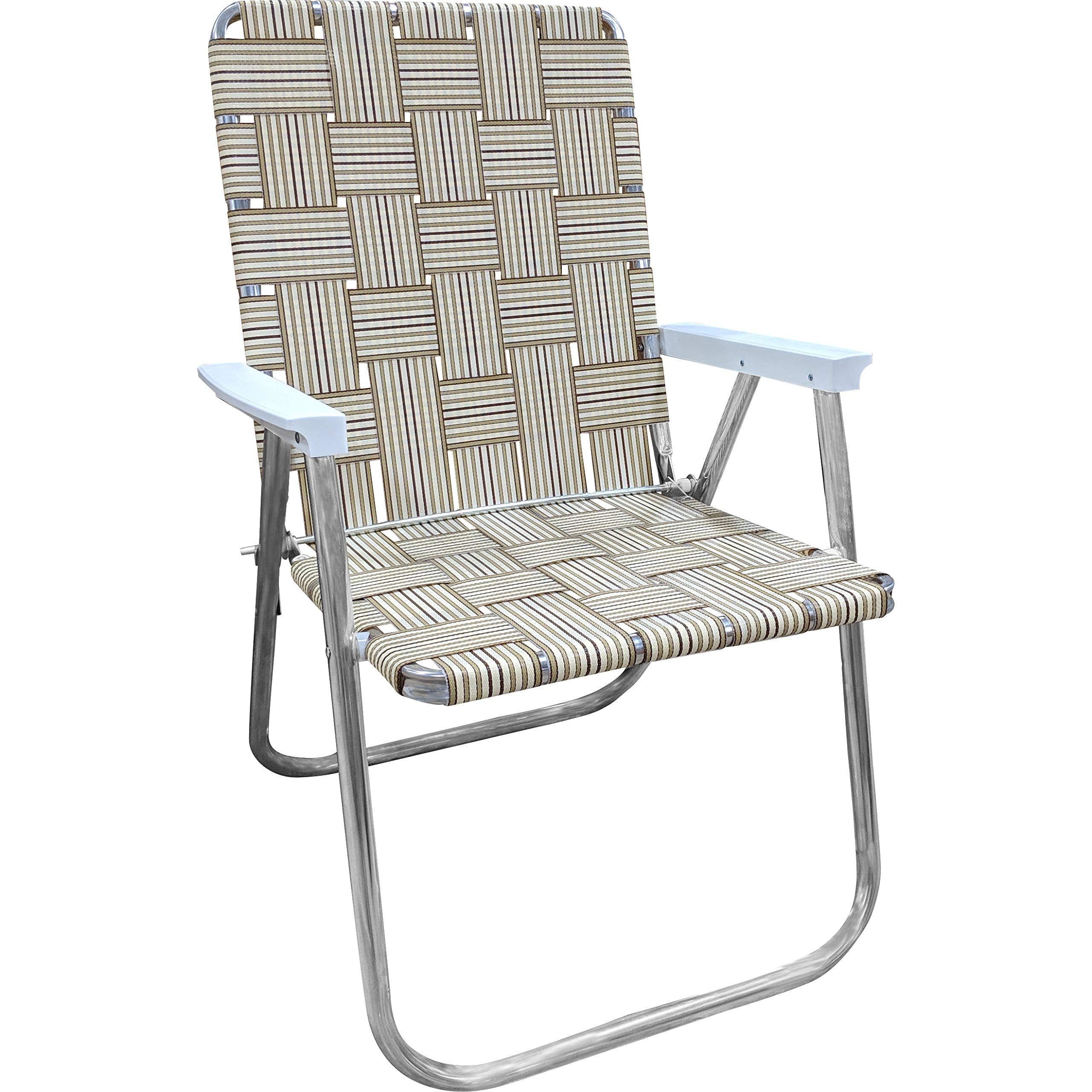 Lawn Chair Usa | Folding Aluminum Webbed Chair For Camping, Sports, And Beach | Classic - Tan Stripe //With White Arms