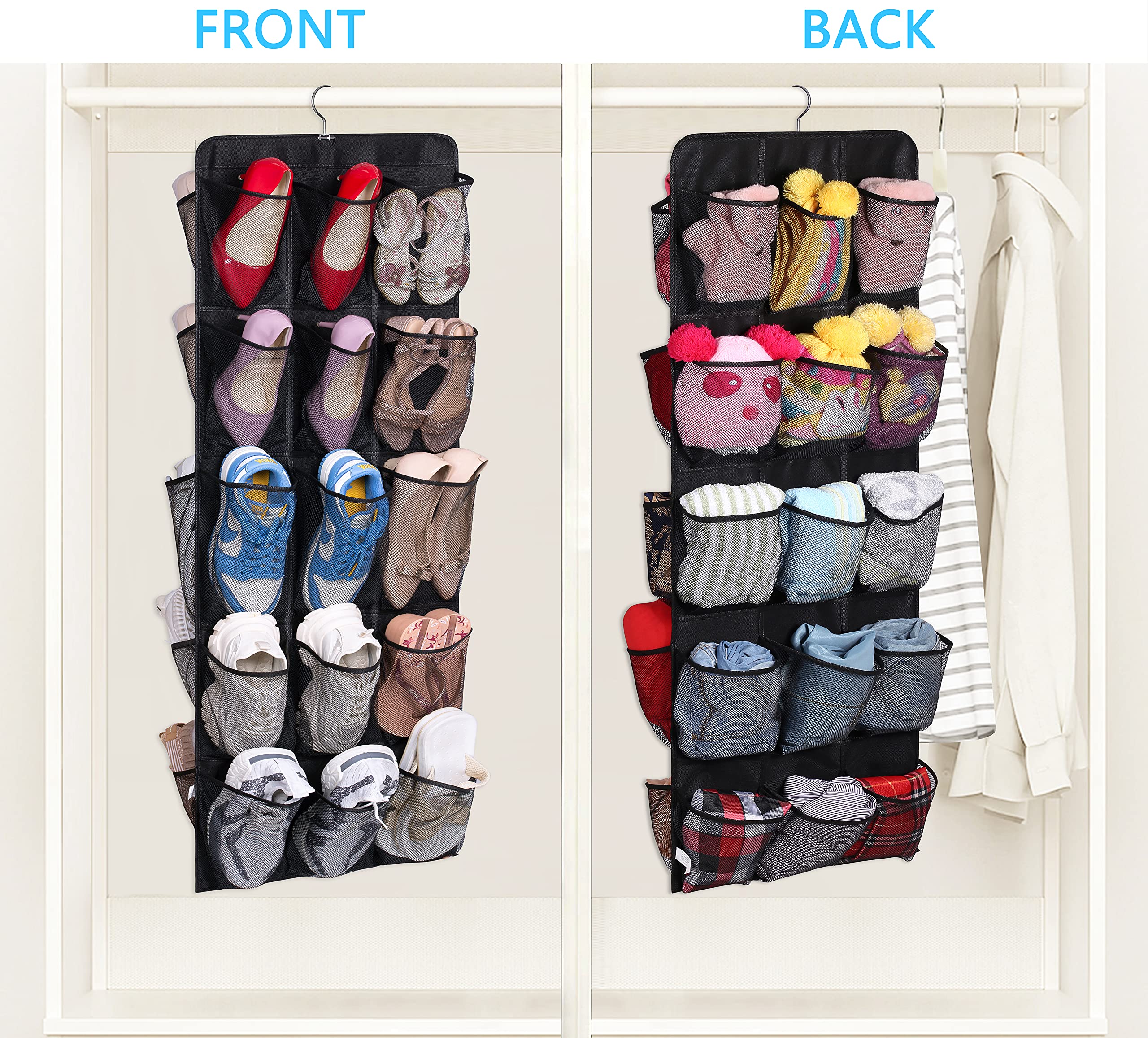 Misslo 30 Large Pockets Dual Sided Hanging Shoe Rack For Closet Organizer With Rotating Hanger Hanging Shoe Shelves, Black