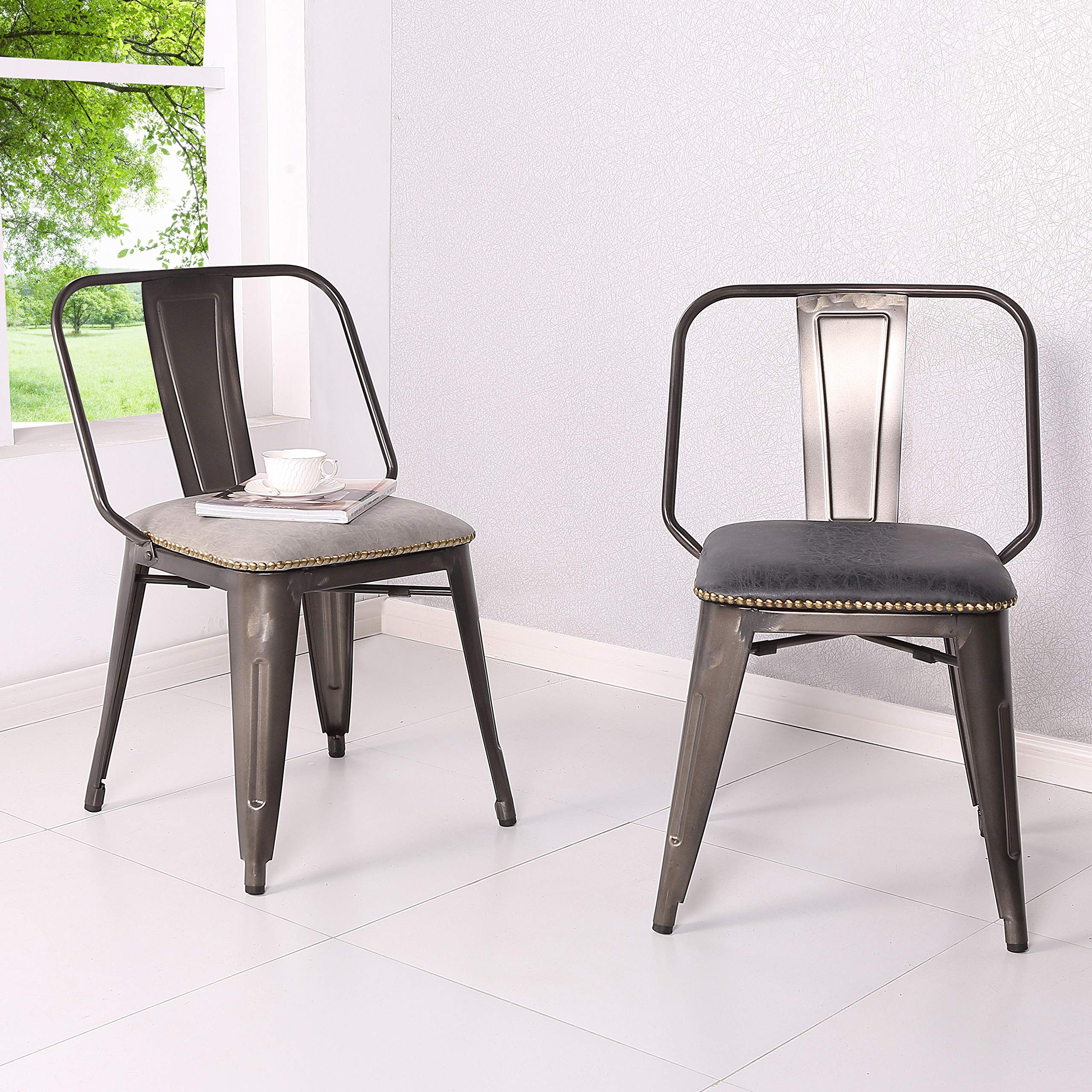 New Pacific Direct Brian Pu Leather Metal Side, Set Of 4 Dining Chairs, Vintage Black