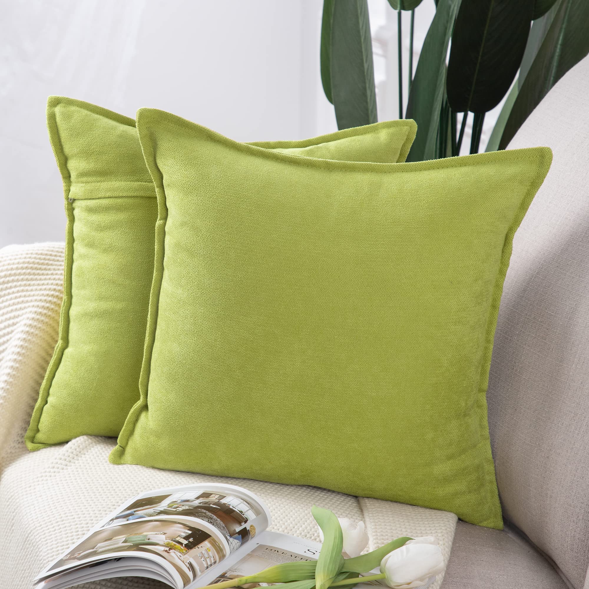 Madizz Set Of 2 Short Chenille Throw Pillow Covers 18X18 Inch Green Soft Decorative Cushion Cover For Sofa Bedroom Pillow Shell