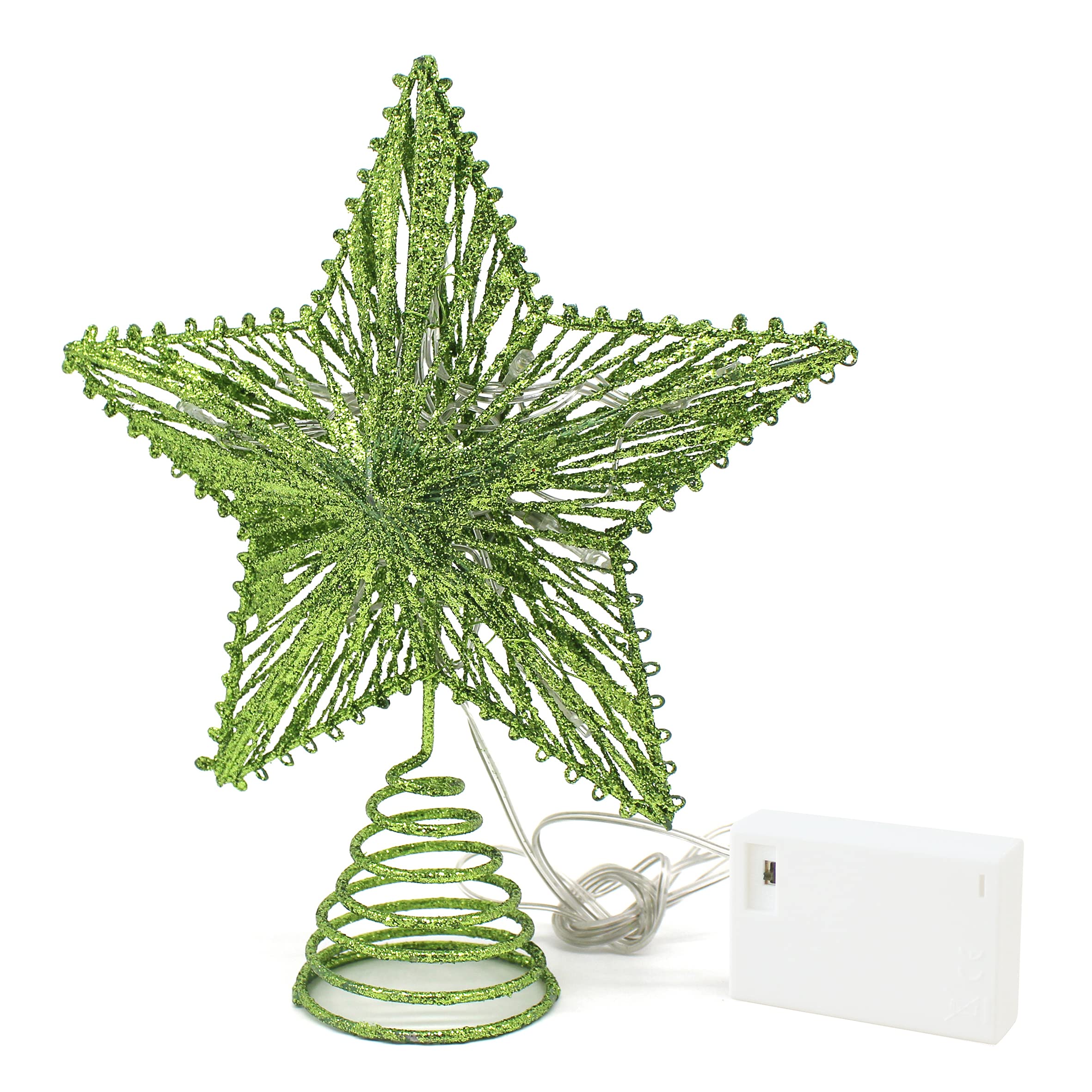 CVHOMEDECO. Green Glittered 3D Tree Top Star with Warm White LED Lights and Timer for Christmas Tree Decoration and Holiday Seas