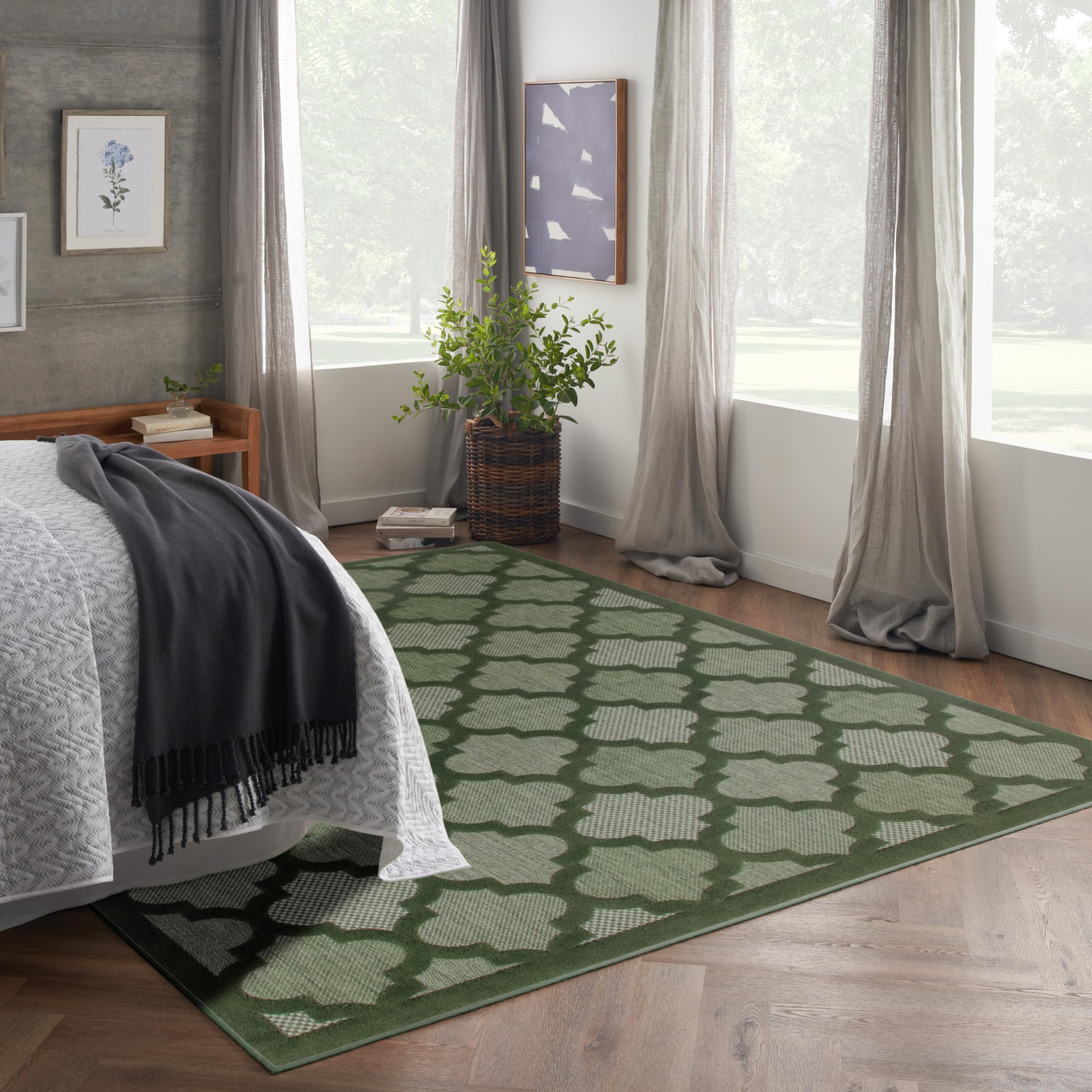 Nourison Easy Care Modern Indoor/Outdoor Green 8' X 10' Area Rug, Easy Cleaning, Non Shedding, Bed Room, Living Room, Dining Room, Backyard, Deck, Patio (8X10)