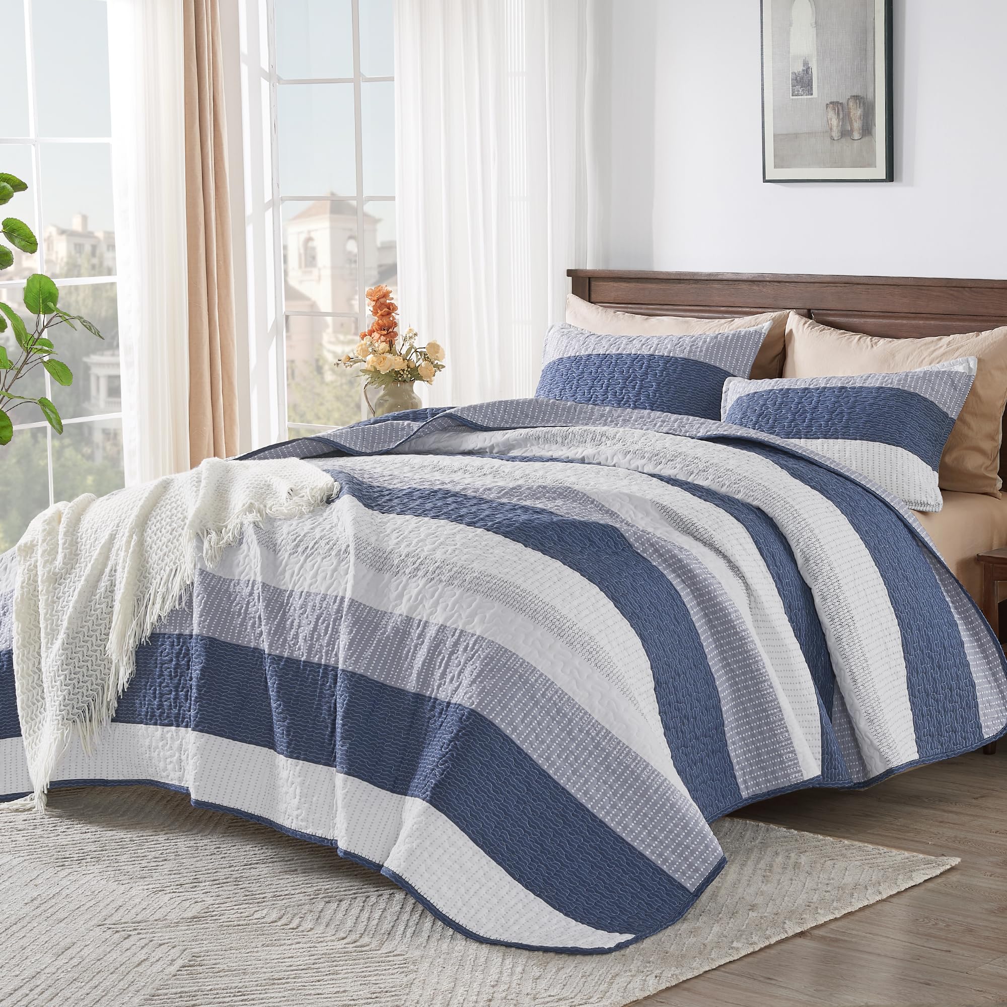 Andency King Size Quilt Set Mineral Blue, 3 Pieces Summer Ultra Soft Lightweight Bedspreads & Coverlets Set, Patchwork Striped Quilted Bedding Sets For All Seasons (1 Quilt, 2 Pillow Shams)