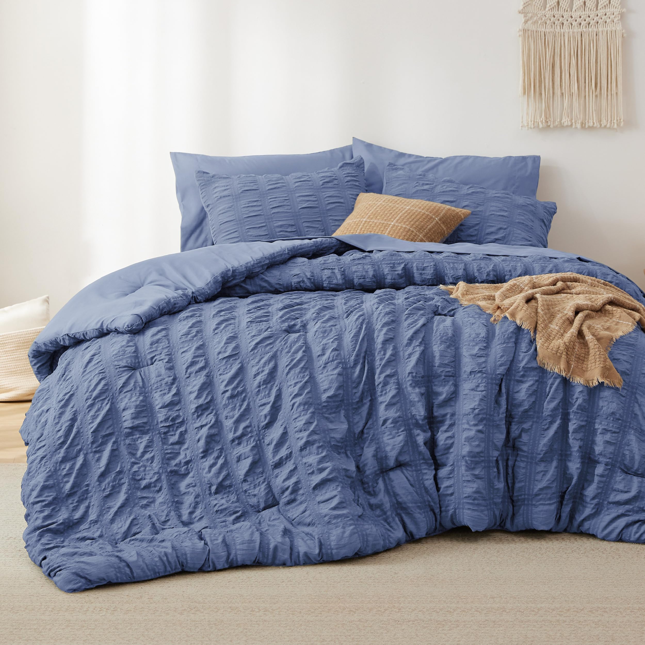 Bedsure Full Size Comforter Sets - Bed In A Bag Full Size 7 Pieces Plaid Seersucker Bedding Set, Soft Lightweight Down Alternati