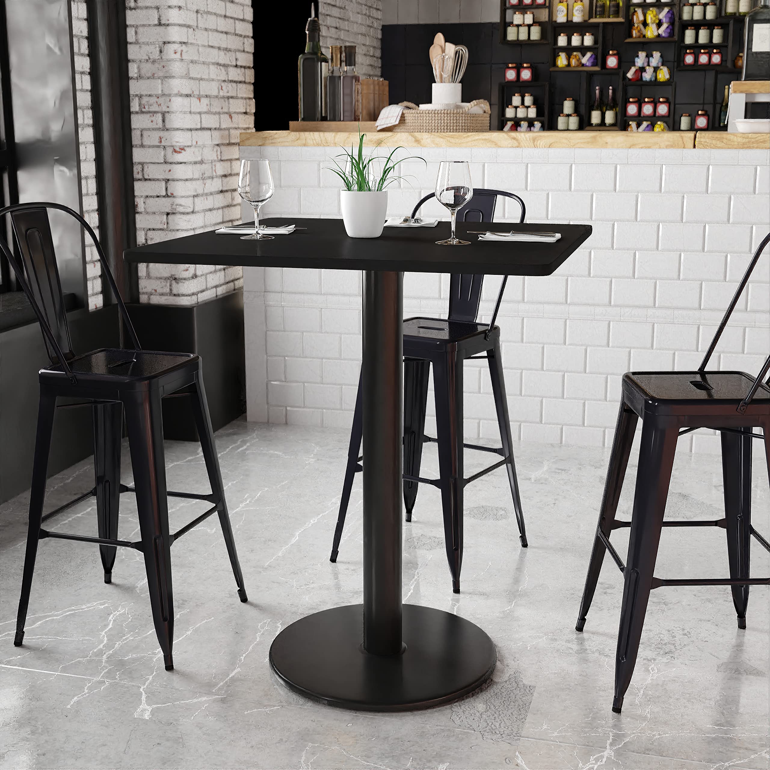 Flash Furniture Stiles 36'' Square Black Laminate Table Top with 24'' Round Bar Height Table Base