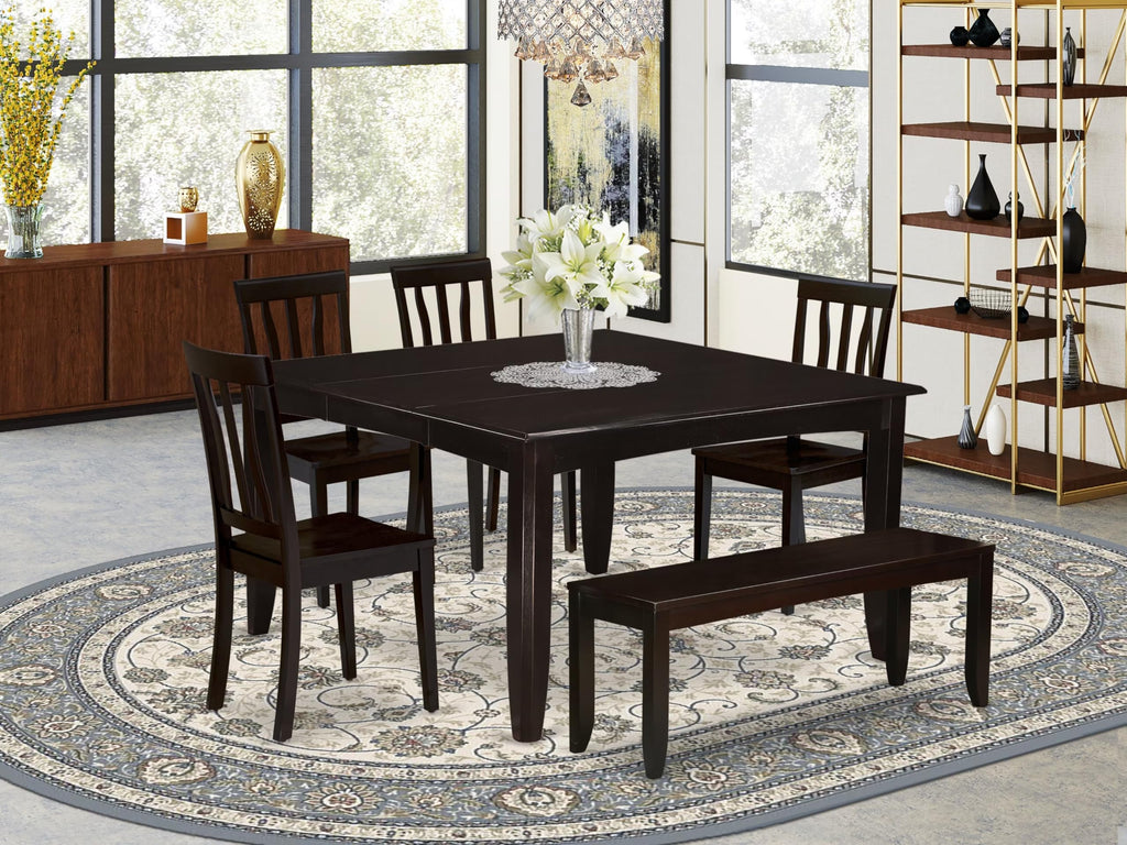 East West Furniture PFAN6-CAP-W 6 Piece Dining Set Contains a Square Dining Room Table with Butterfly Leaf and 4 Kitchen Chairs with a Bench, 54x54 Inch, Cappuccino