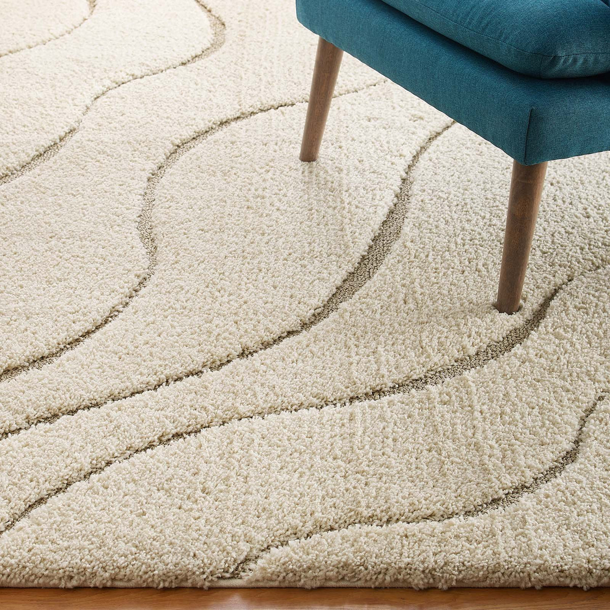 Modway Jubilant Abound Abstract Swirl Shag 5X8 Area Rug In Creame And Beige