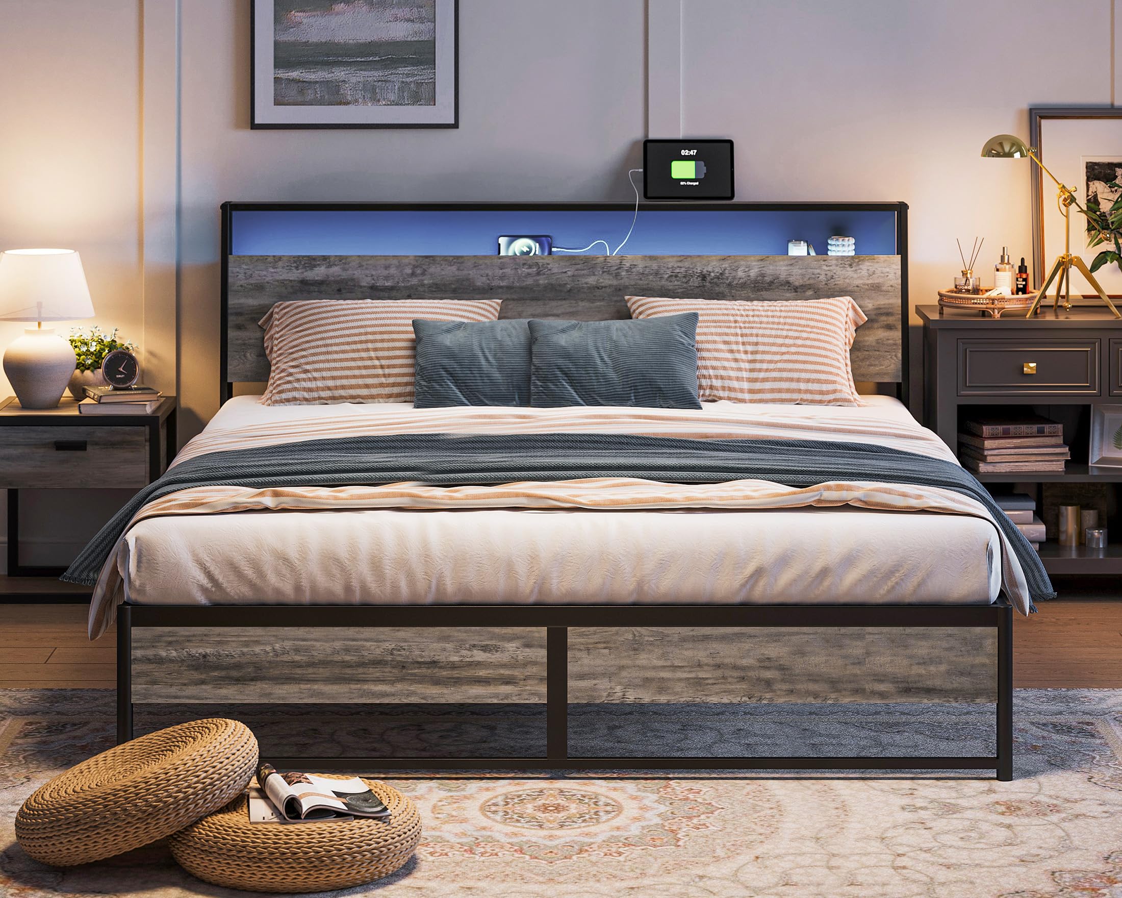 Linsy King Size Bed Frame, Ergonomic Storage Headboard With Charging Station& Led Lights, Fast Assembly King Bed Frame, Noise Fr