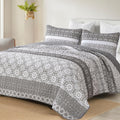 WONGS BEDDING Grey Boho Quilt Queen Set,Bohemian Floral Striped Patchwork Summer Bedspread Coverlet Set with 2 Pillowcases,Light