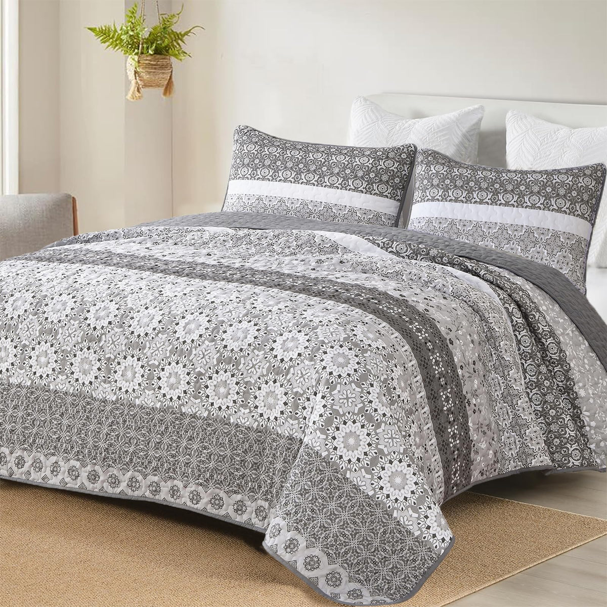 WONGS BEDDING Grey Boho Quilt Queen Set,Bohemian Floral Striped Patchwork Summer Bedspread Coverlet Set with 2 Pillowcases,Light