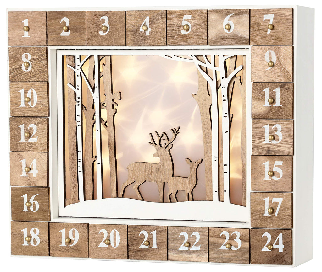 BRUBAKER Reusable Wooden Advent Calendar to Fill - White Winter Landscape with LED Lighting - DIY Christmas Calendar 13.98 x 2.3