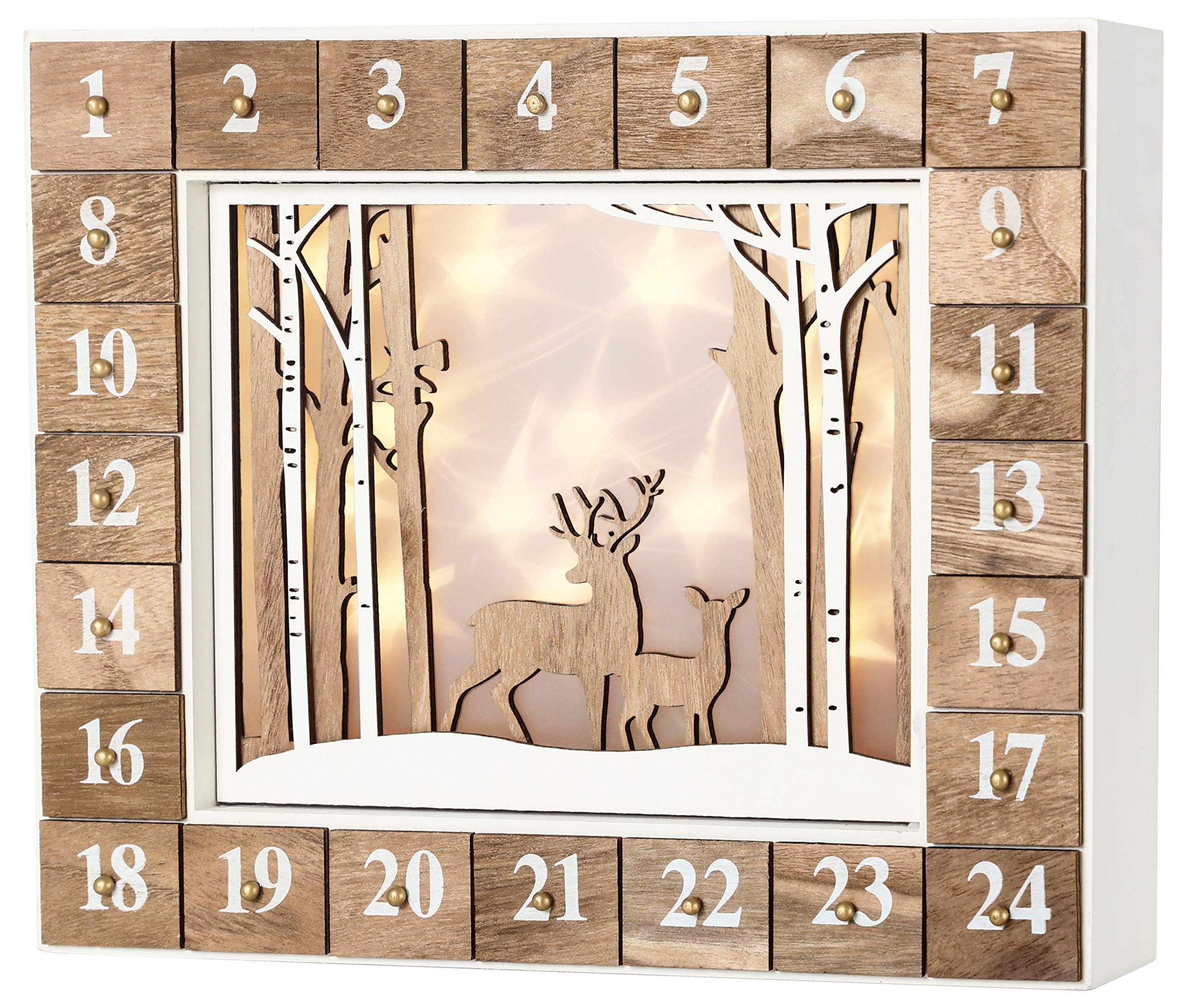 BRUBAKER Reusable Wooden Advent Calendar to Fill - White Winter Landscape with LED Lighting - DIY Christmas Calendar 13.98 x 2.3