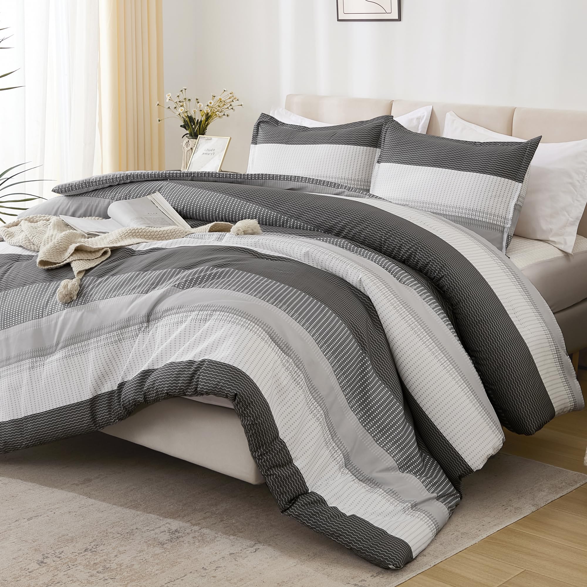 Litanika Dark Grey California King Comforter Set - 3 Pieces Cal King Oversized Lightweight Summer Colorblock Stripe Bedding Set