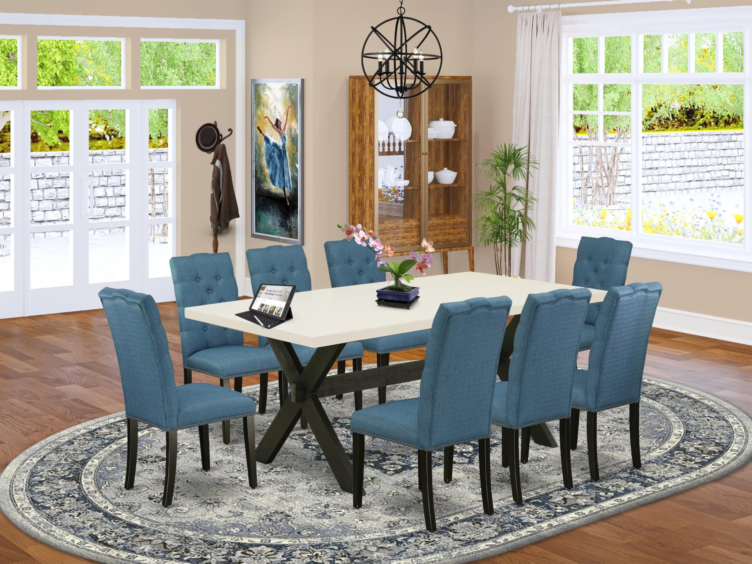 East West Furniture X627El121-9 9 Piece Dining Room Table Set Includes A Rectangle Dining Table With X-Legs And 8 Blue Linen Fabric Upholstered Parson Chairs, 40X72 Inch, Multi-Color
