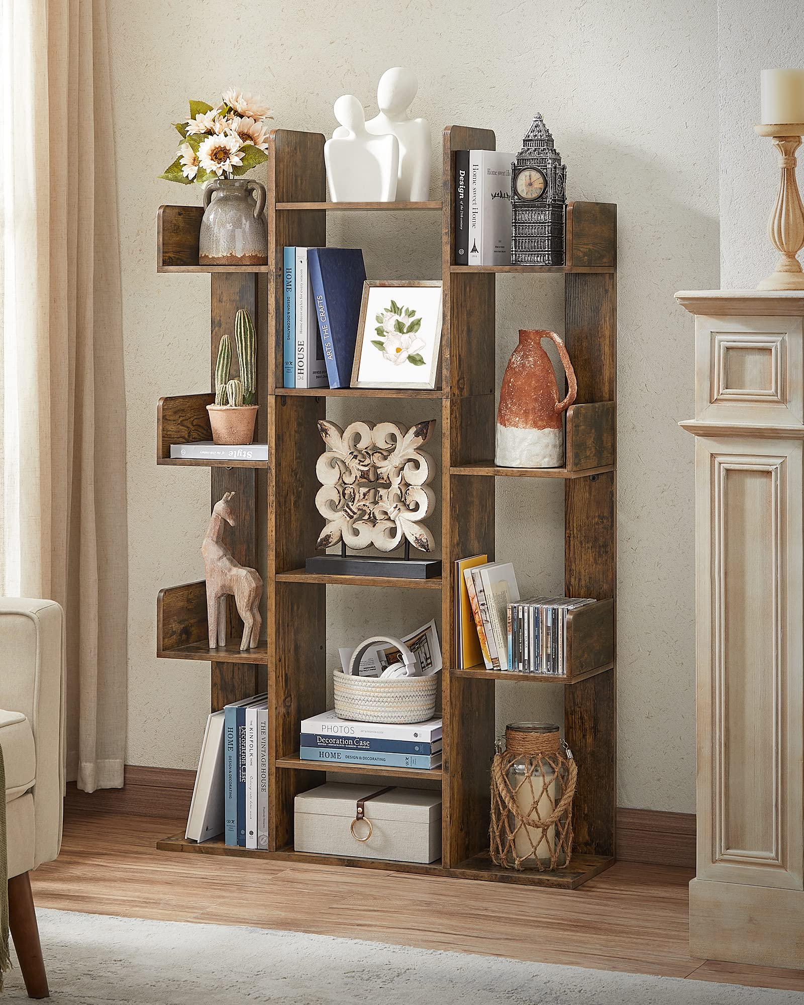 Vasagle Bookshelf, Tree-Shaped Bookcase With 13 Storage Shelves, Rounded Corners, 9.8”D X 33.9”W X 55.1”H, Rustic Brown Ulbc67Bxv1