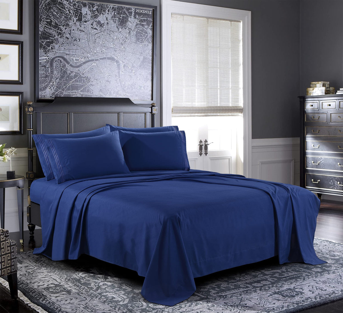 Pure Bedding Bed Sheets - King Sheet Set 6-Piece, Navy] - Hotel Luxury 1800 Brushed Microfiber - Soft And Breathable - Deep Pock
