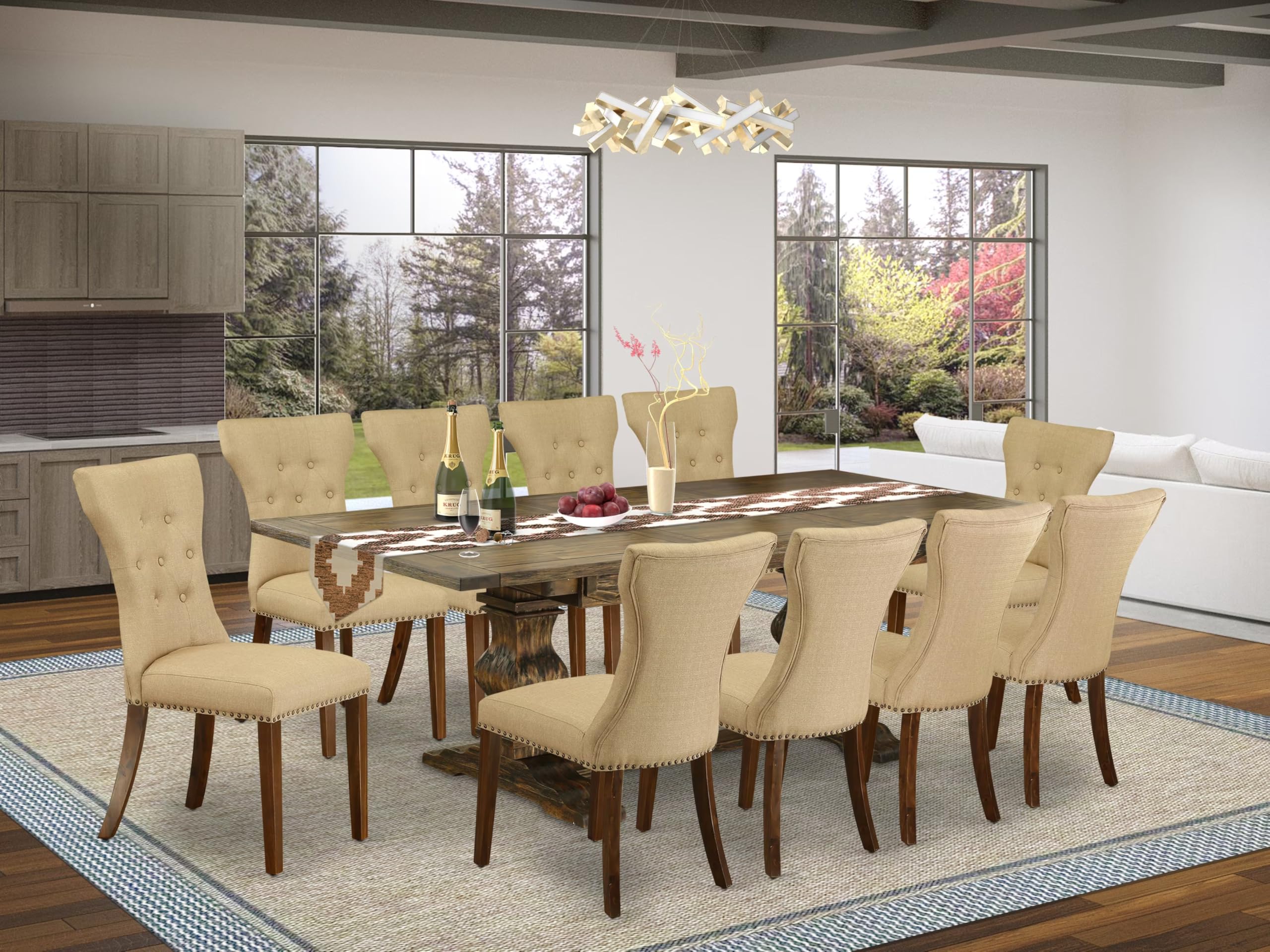 East West Furniture LAGA11-78-03 11 Piece Dining Table Set Includes a Rectangle Dining Room Table with Removable Leaf and 10 Brown Linen Fabric Upholstered Chairs, 42x92 Inch, Jacobean