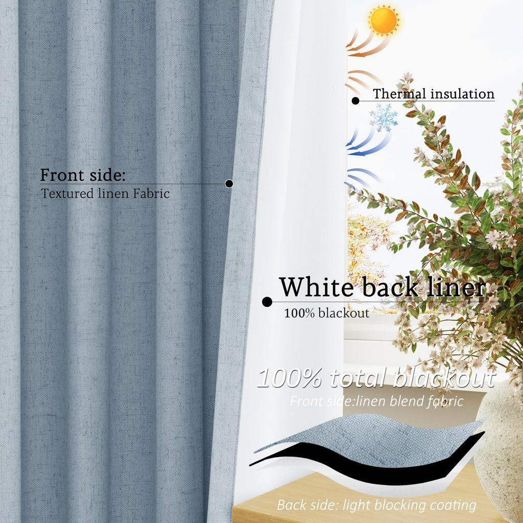 Jowels Blue Linen Blackout Curtains 84 Length 2 Panels Set For Living Room Bedroom, 100% Black Out Thermal Insulated Linen Drape