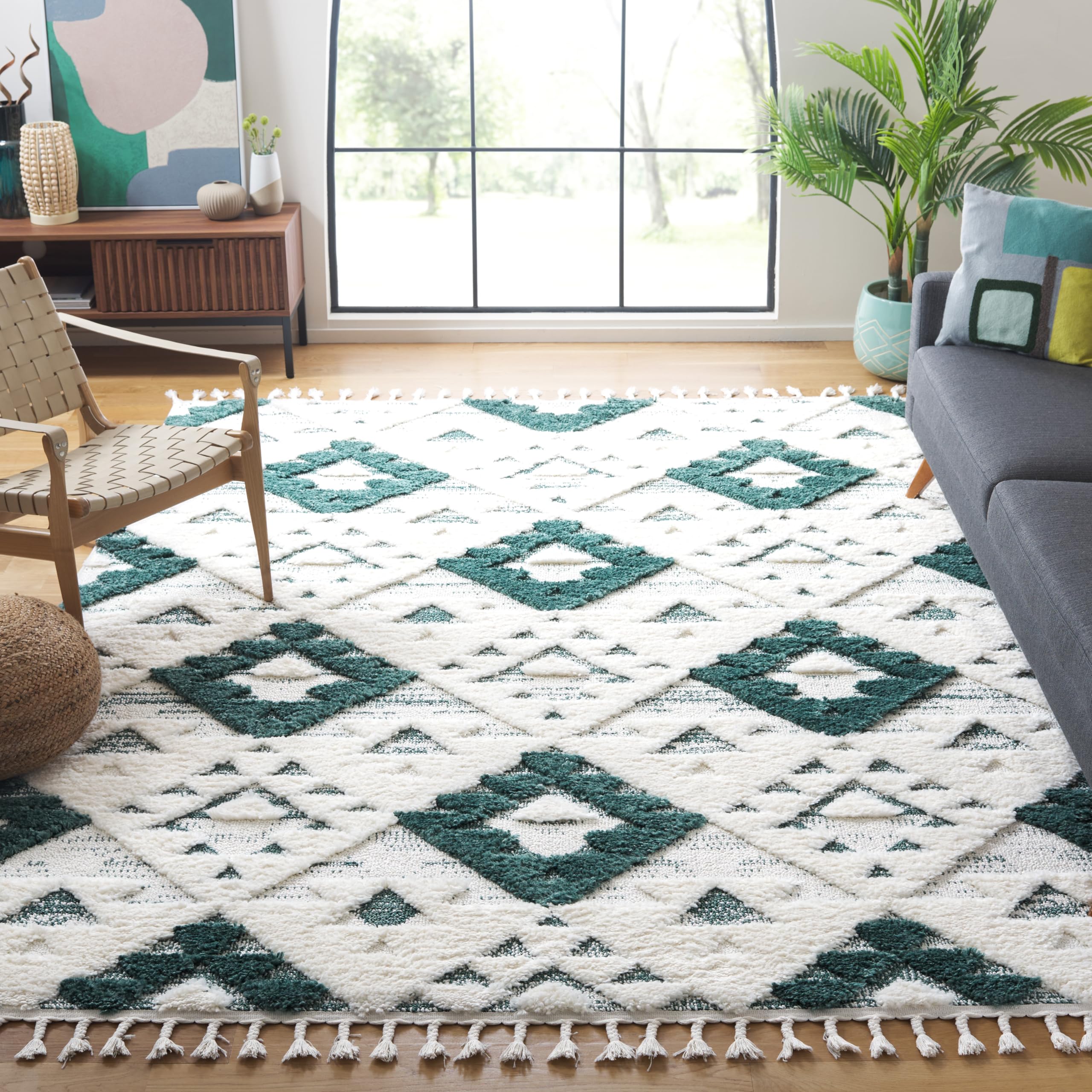 SAFAVIEH Moroccan Tassel Shag Collection Area Rug - 11 x 15, Green & Ivory, Moroccan Design, Ideal for High Traffic Areas in L