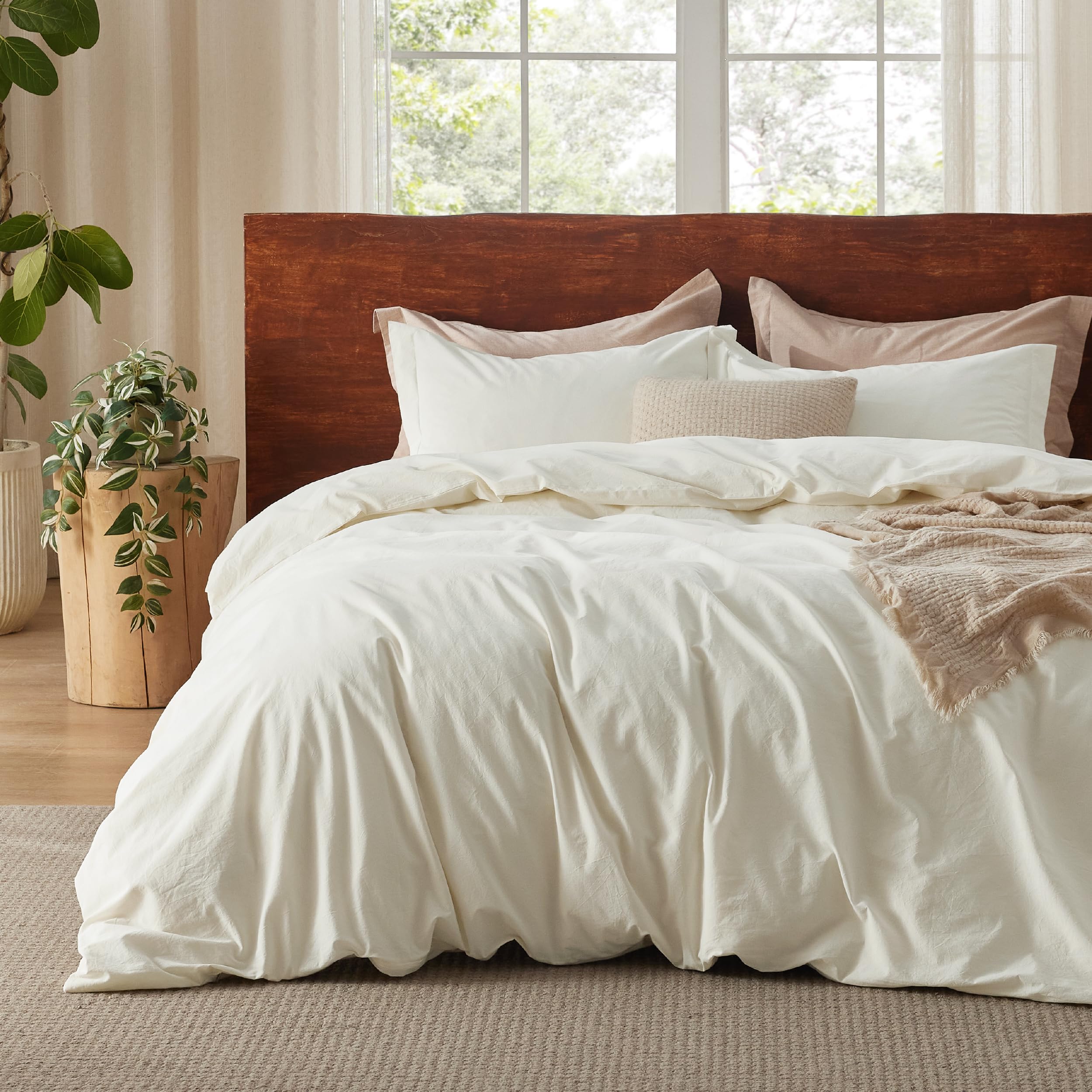 Bedsure 100% Washed Cotton Duvet Cover Queen - Cream Minimalist Duvet Cover Linen Like - 3 Pieces Gentlesoft™ Plain Simple Cotton Bedding Set With 2 Pillow Shams (Cream, Queen, 90'X90')