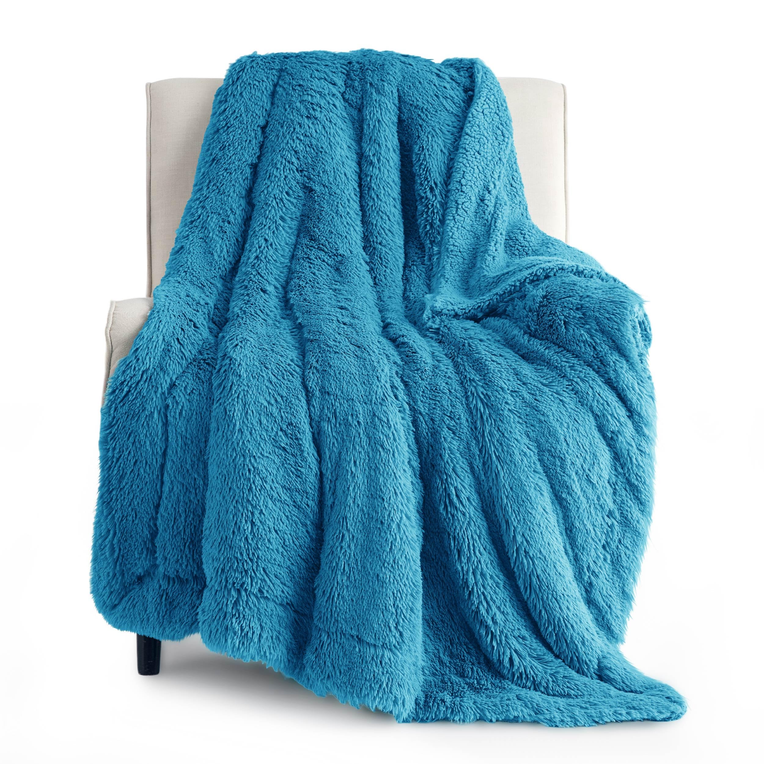 Bedsure Soft Fuzzy Faux Fur Bright Blue Throw Blanket - Cozy, Fluffy, Plush Sherpa Fleece Yellow Blanket, Furry, Shaggy Blanket
