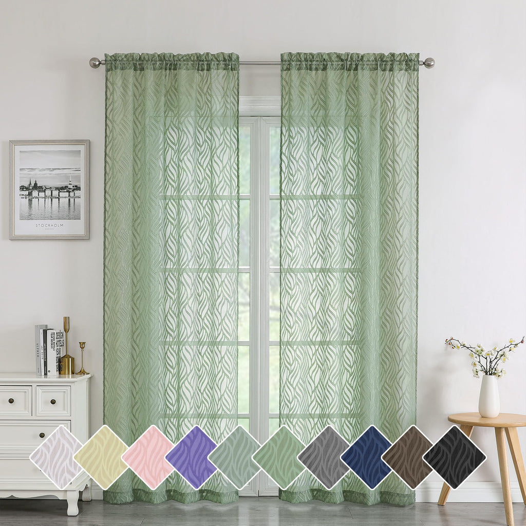 Chyhomenyc Marilyn Grass Green Sheer Curtains 84 Inch Length 2 Panels, Light Filtering 3D Leaf Clip Jacquard Textured Voile Shee