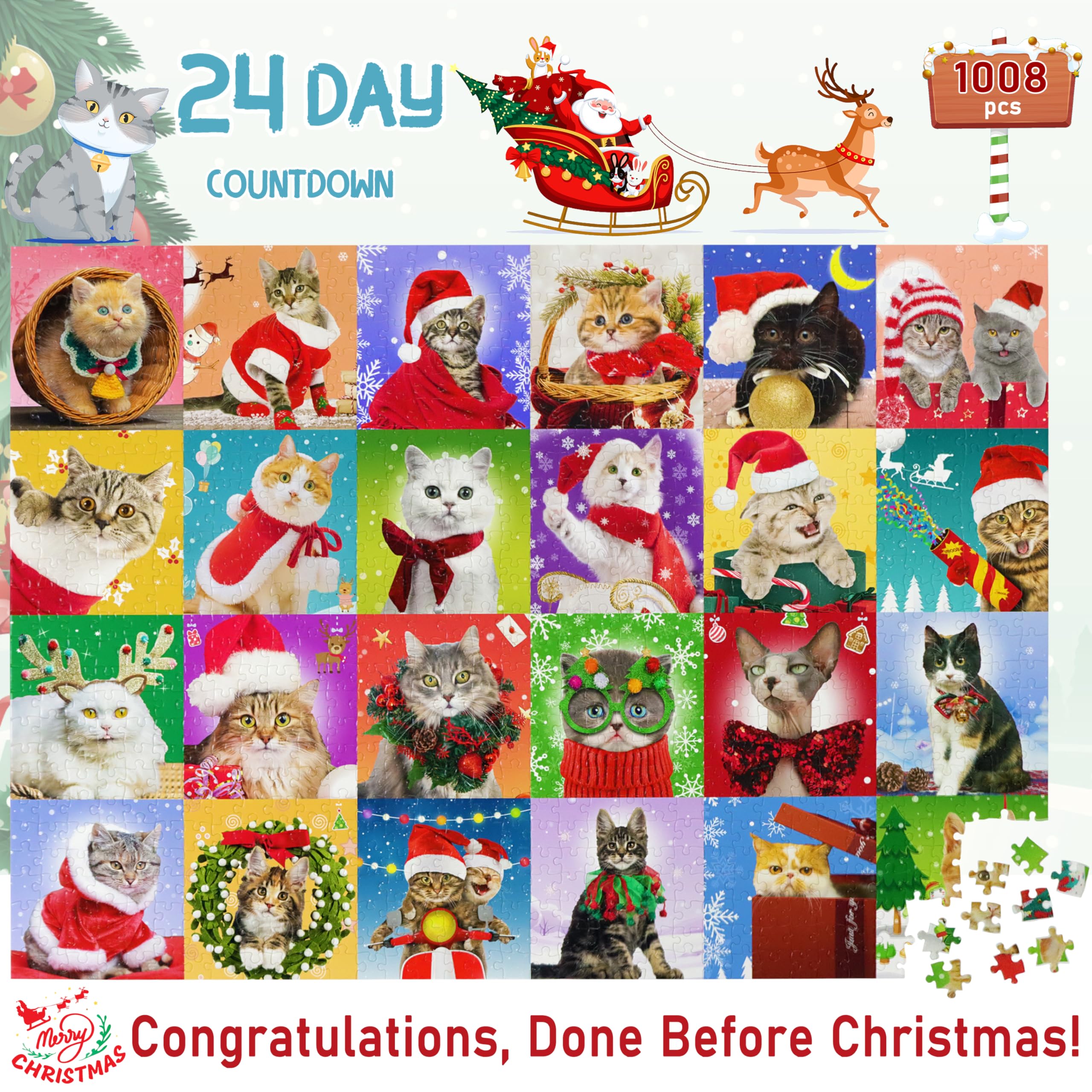 Bestbase Advent Calendar 2024 Christmas Countdown Jigsaw Puzzles - Christmas Cats, 24 Boxes With 1008 Pieces Countdown To Christ