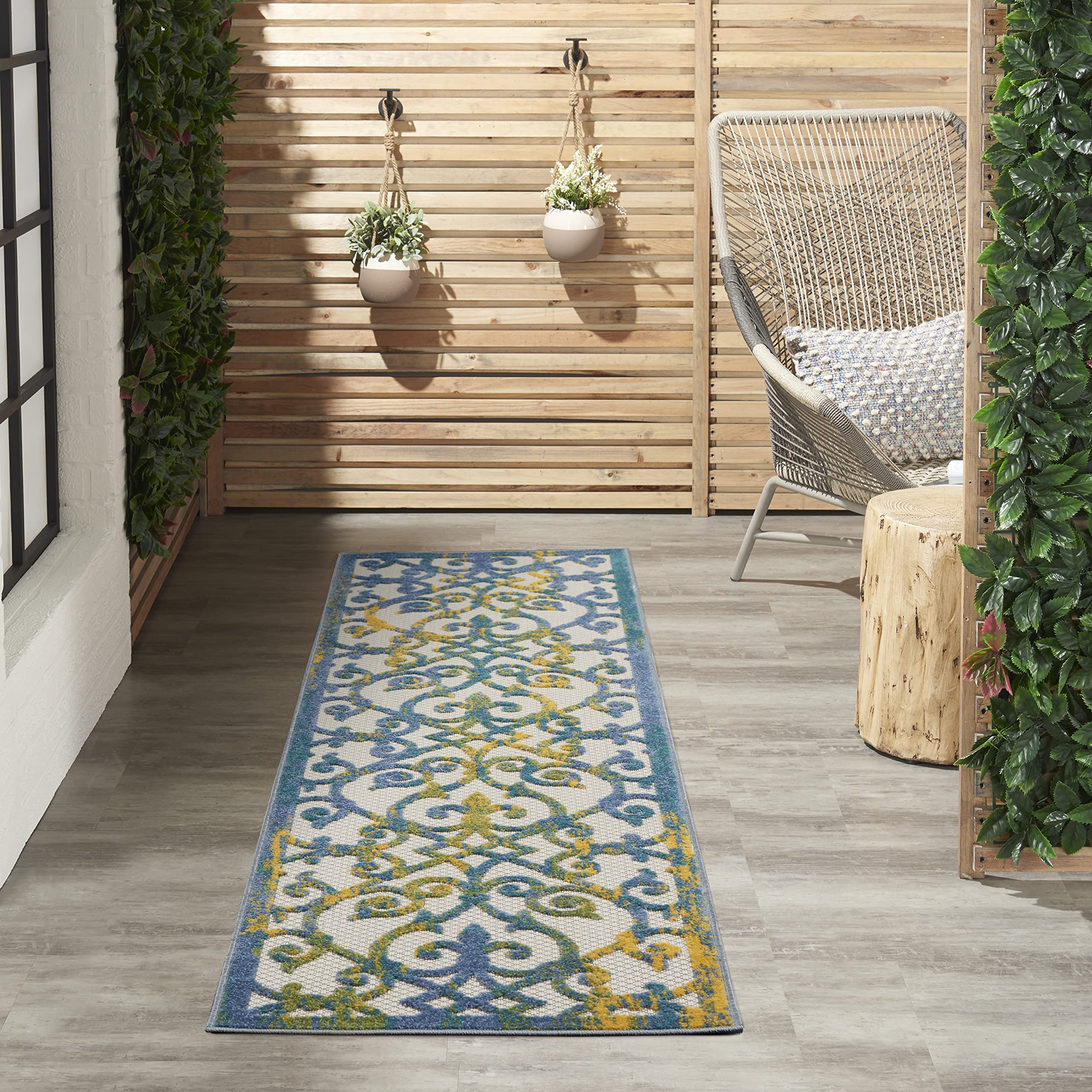 Nourison Aloha Indoor/Outdoor Ivory Blue 2'3' X 8' Area Rug, Transitional, French Country, Easy Cleaning, Non Shedding, Bed Roo
