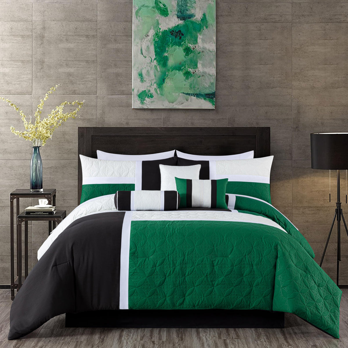 Chezmoi Collection Upland 7-Piece Quilted Patchwork Comforter Set, Green/Black/Cream White, Oversized King