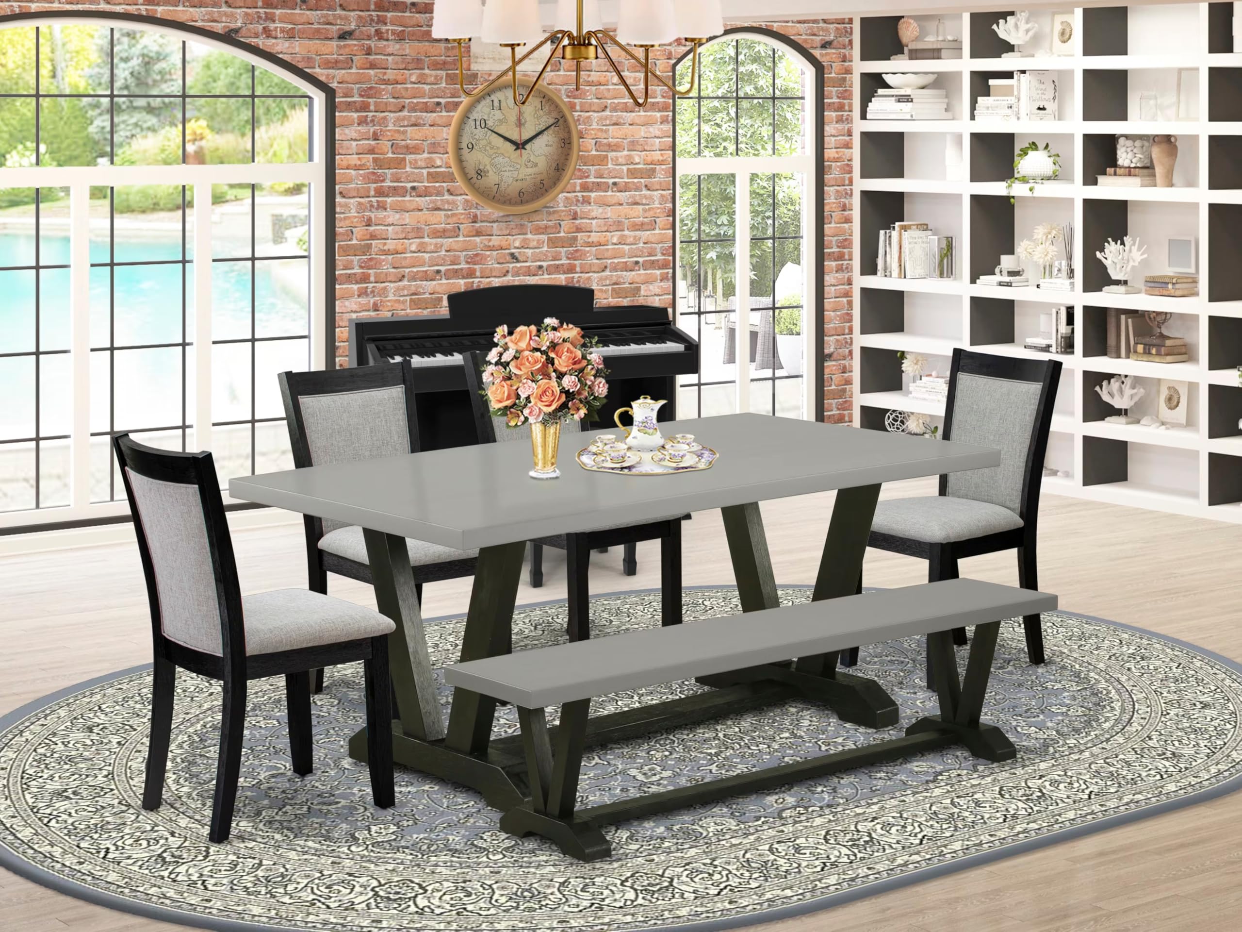 East West Furniture V697MZ606-6 6 Piece Dining Table Set Contains a Rectangle Dining Room Table with V-Legs and 4 Shitake Linen Fabric Parson Chairs with a Bench, 40x72 Inch, Multi-Color